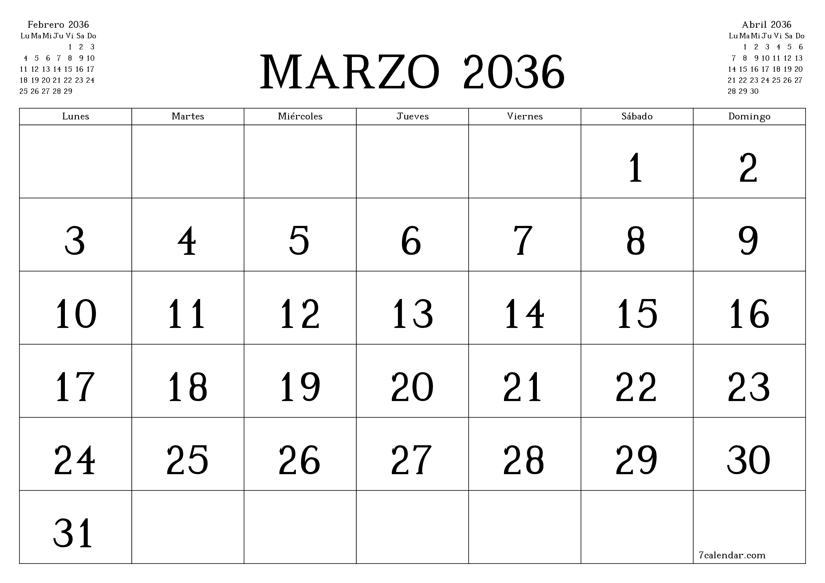 Planificador mensual vacío para el mes Marzo 2036 con notas, guardar e imprimir en PDF PNG Spanish