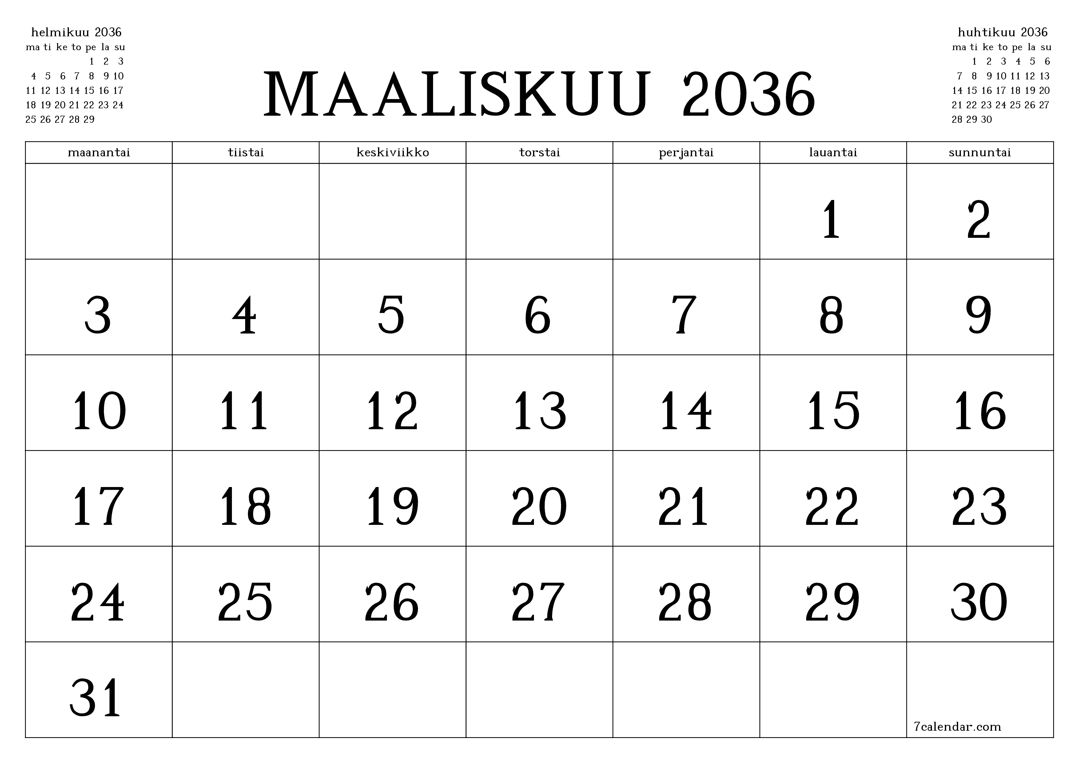 Tyhjennä kuukausittainen suunnittelija kuukaudelle Maaliskuu 2036 muistiinpanoilla, tallenna ja tulosta PDF-muotoon PNG Finnish