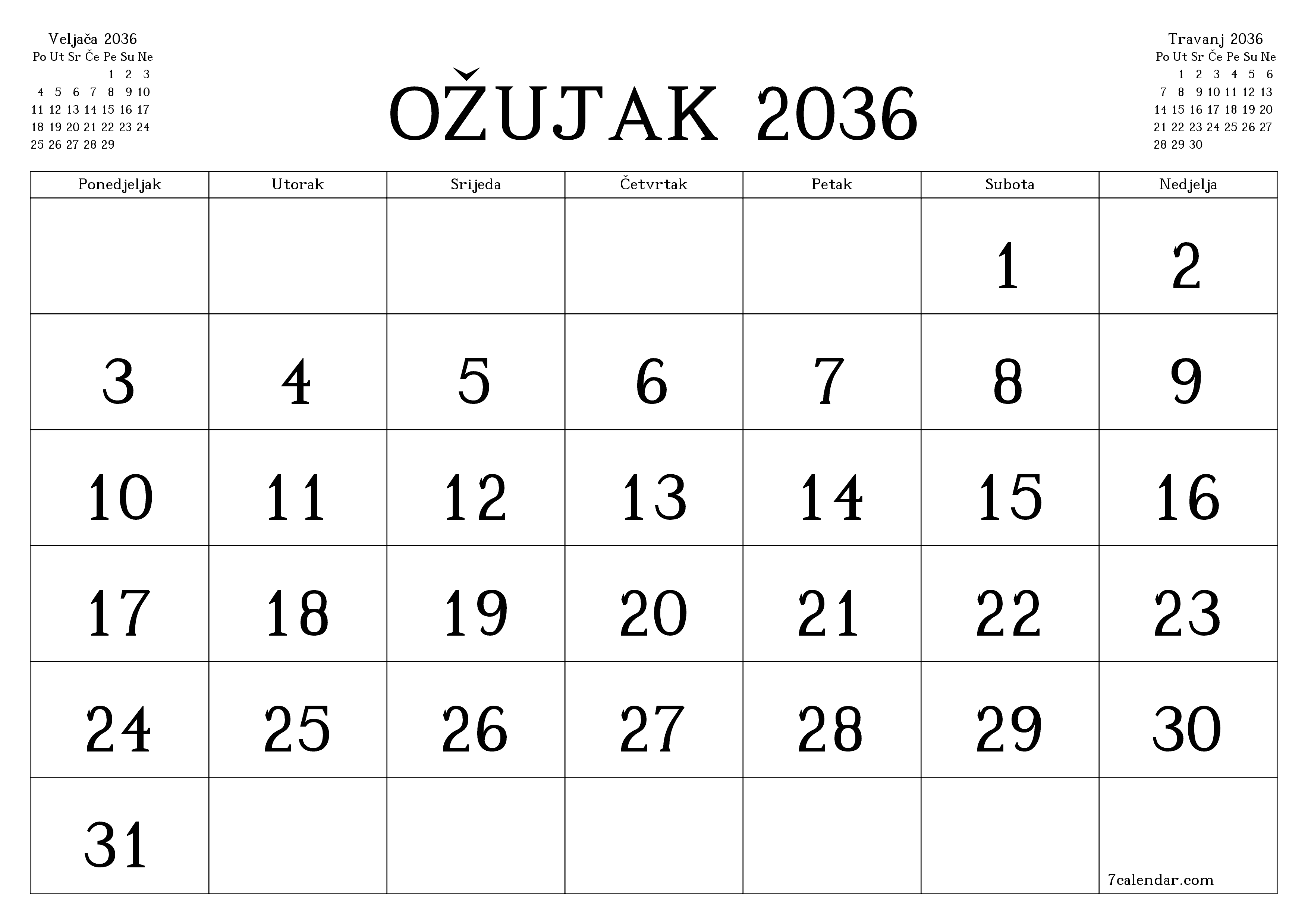 Ispraznite mjesečni planer za mjesec Ožujak 2036 s bilješkama, spremite i ispišite u PDF PNG Croatian