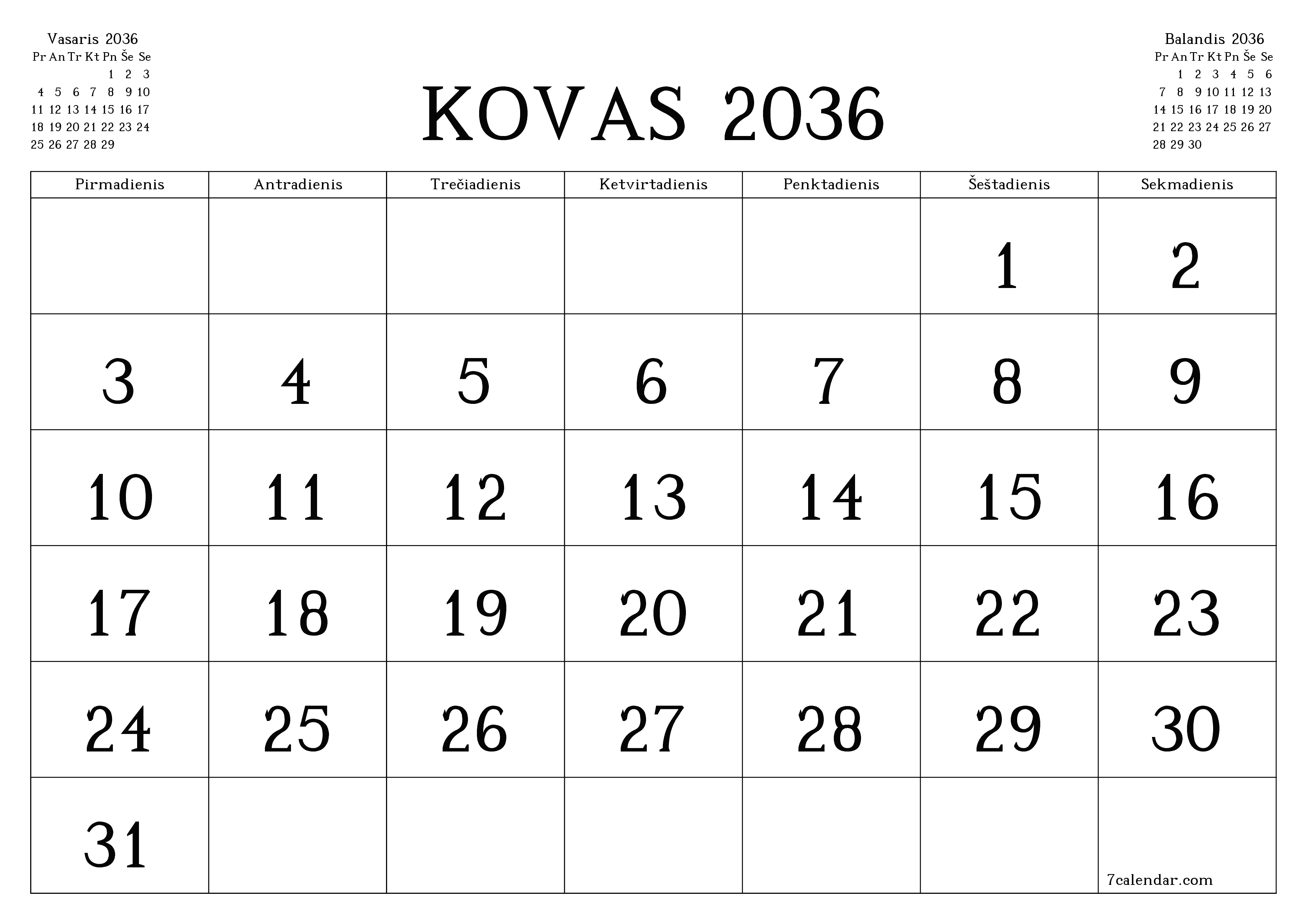 Ištuštinti mėnesio Kovas 2036 mėnesio planavimo priemonę su užrašais, išsaugoti ir atsispausdinti PDF formate PNG Lithuanian