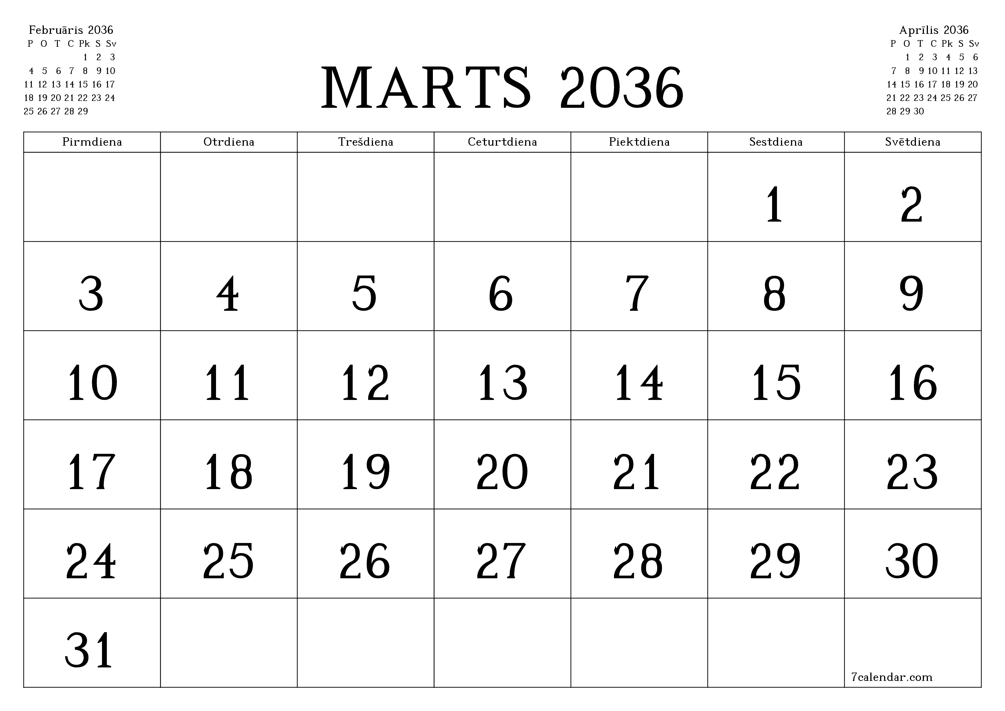 Iztukšot mēneša plānotāju mēnesim Marts 2036 ar piezīmēm, saglabāt un izdrukāt PDF formātā PNG Latvian