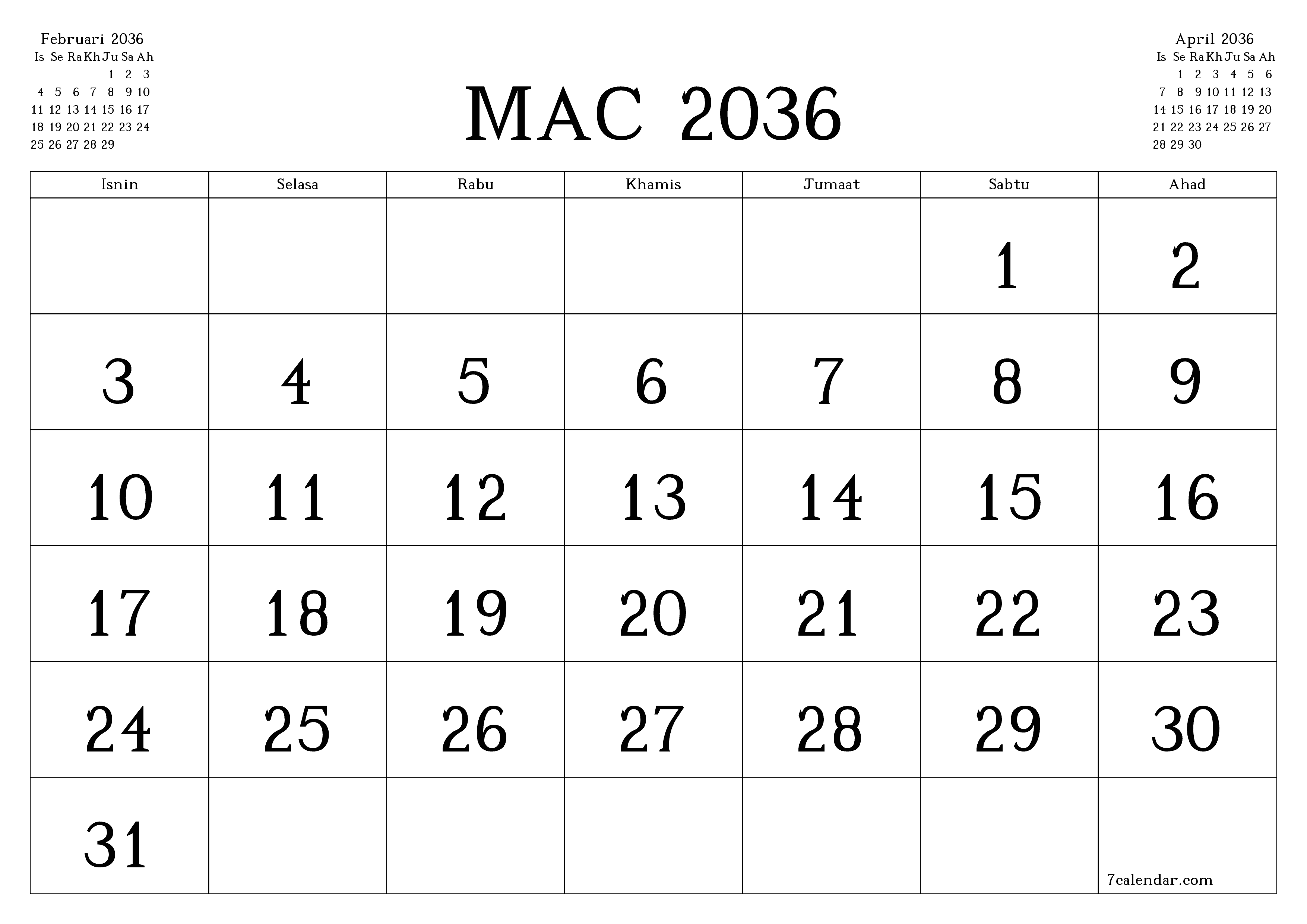 Perancang bulanan kosong untuk bulan Mac 2036 dengan nota, simpan dan cetak ke PDF PNG Malay