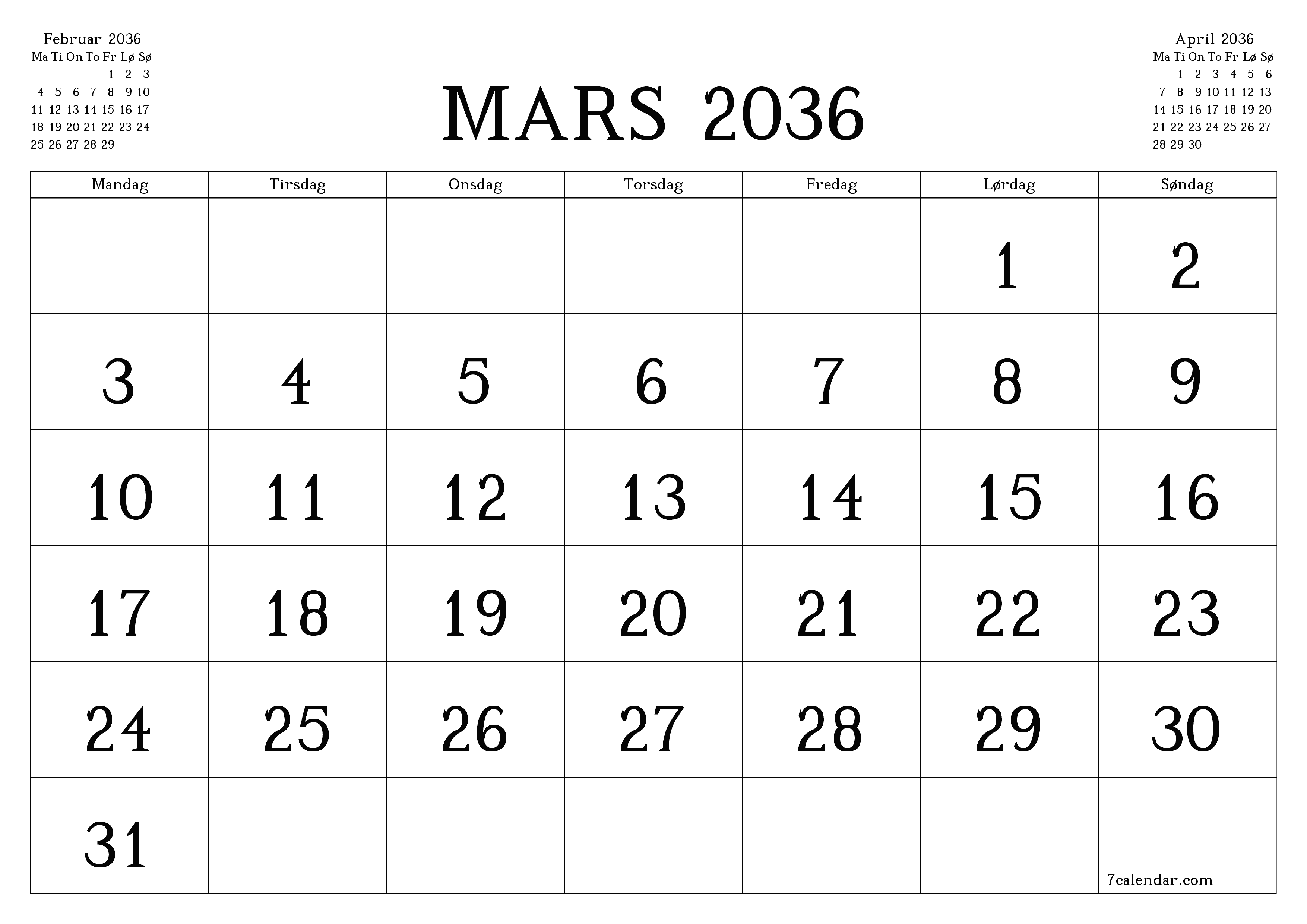 Tom månedlig planlegger for måned Mars 2036 med notater, lagre og skriv ut til PDF PNG Norwegian