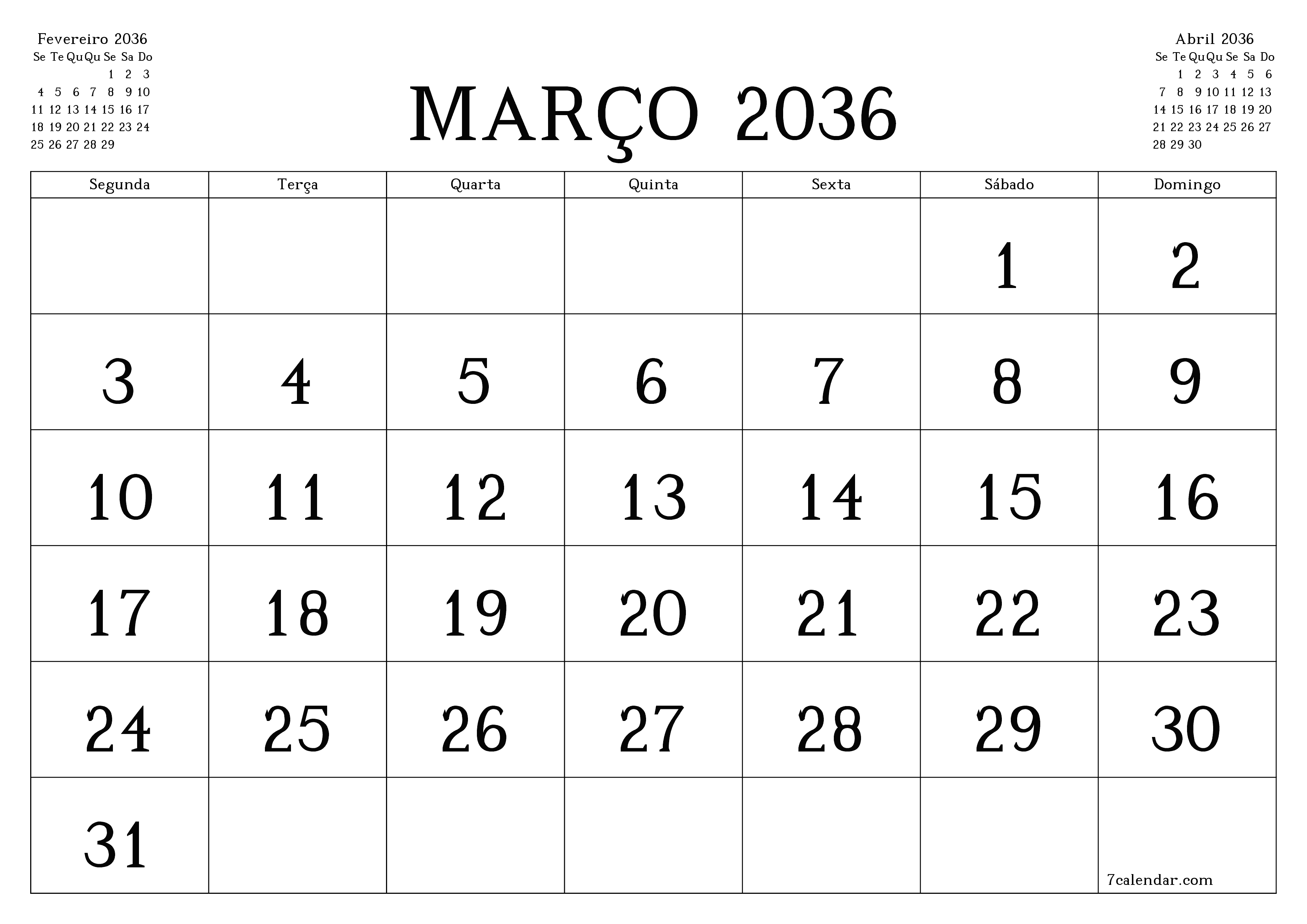 Esvazie o planejador mensal para o mês Março 2036 com notas, salve e imprima em PDF PNG Portuguese