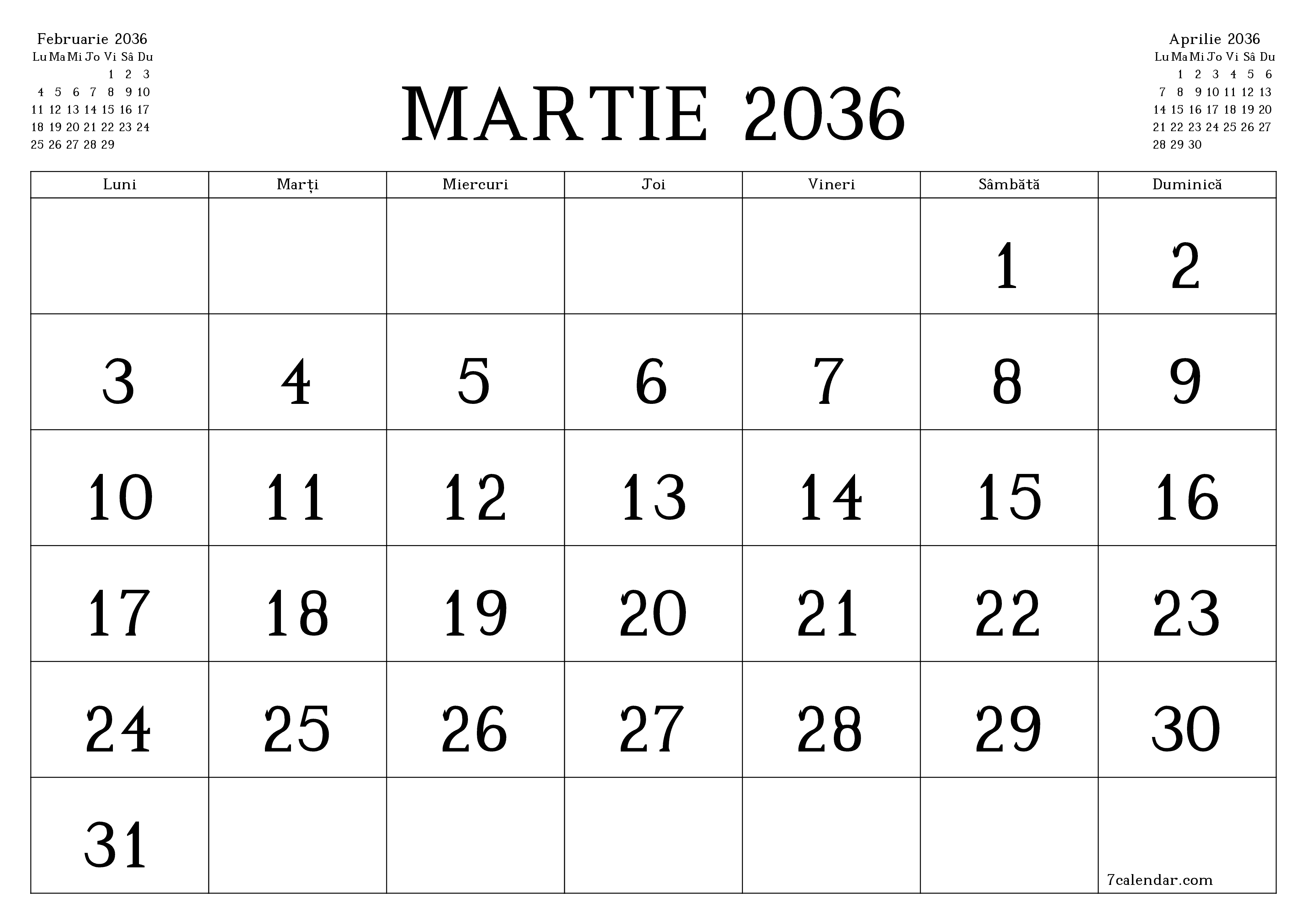 Planificator lunar gol pentru luna Martie 2036 cu note, salvați și tipăriți în PDF PNG Romanian