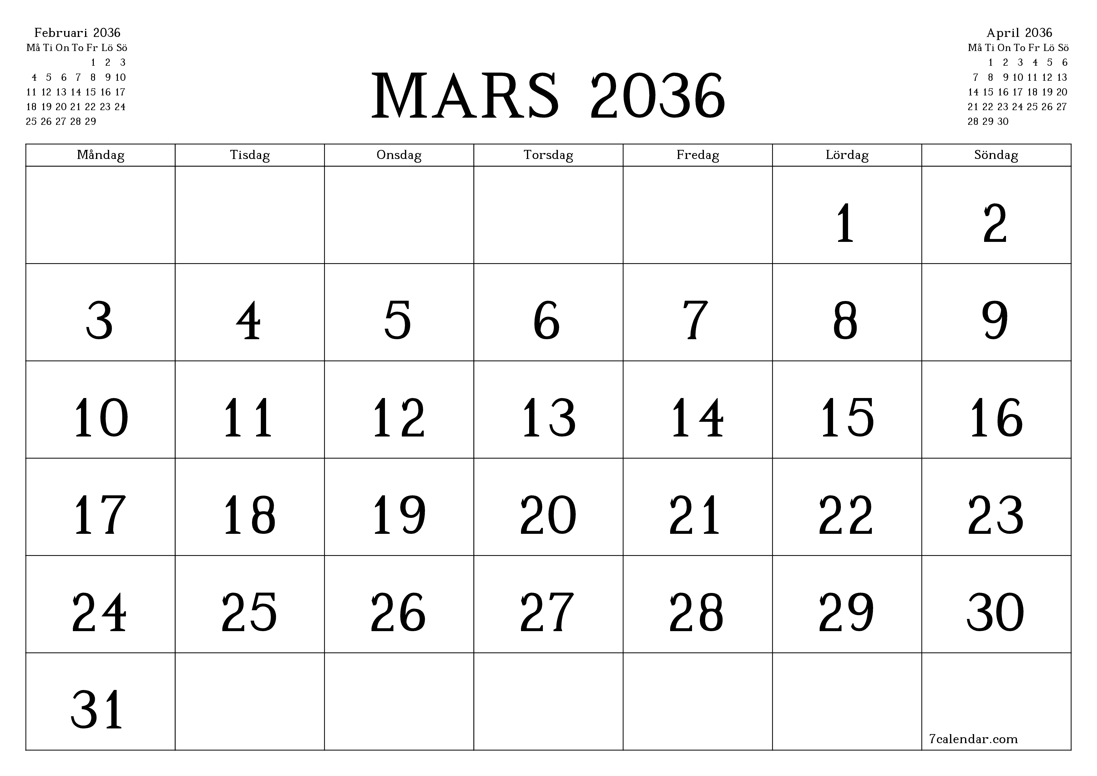 Tom månadsplanerare för månad Mars 2036 med anteckningar, spara och skriv ut till PDF PNG Swedish