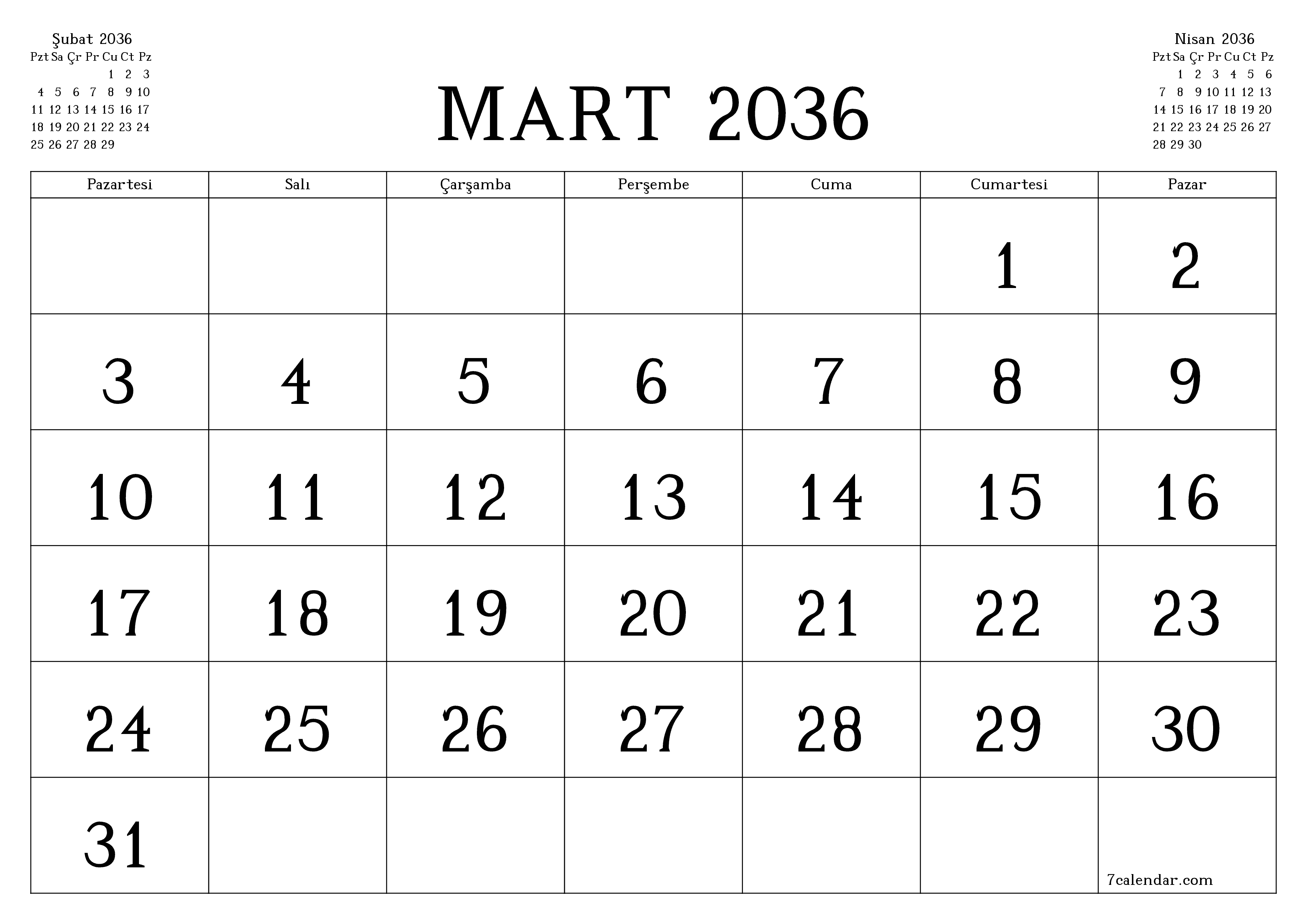 Mart 2036 ayı için notlarla birlikte boş aylık planlayıcı, kaydedin ve PDF'ye yazdırın PNG Turkish