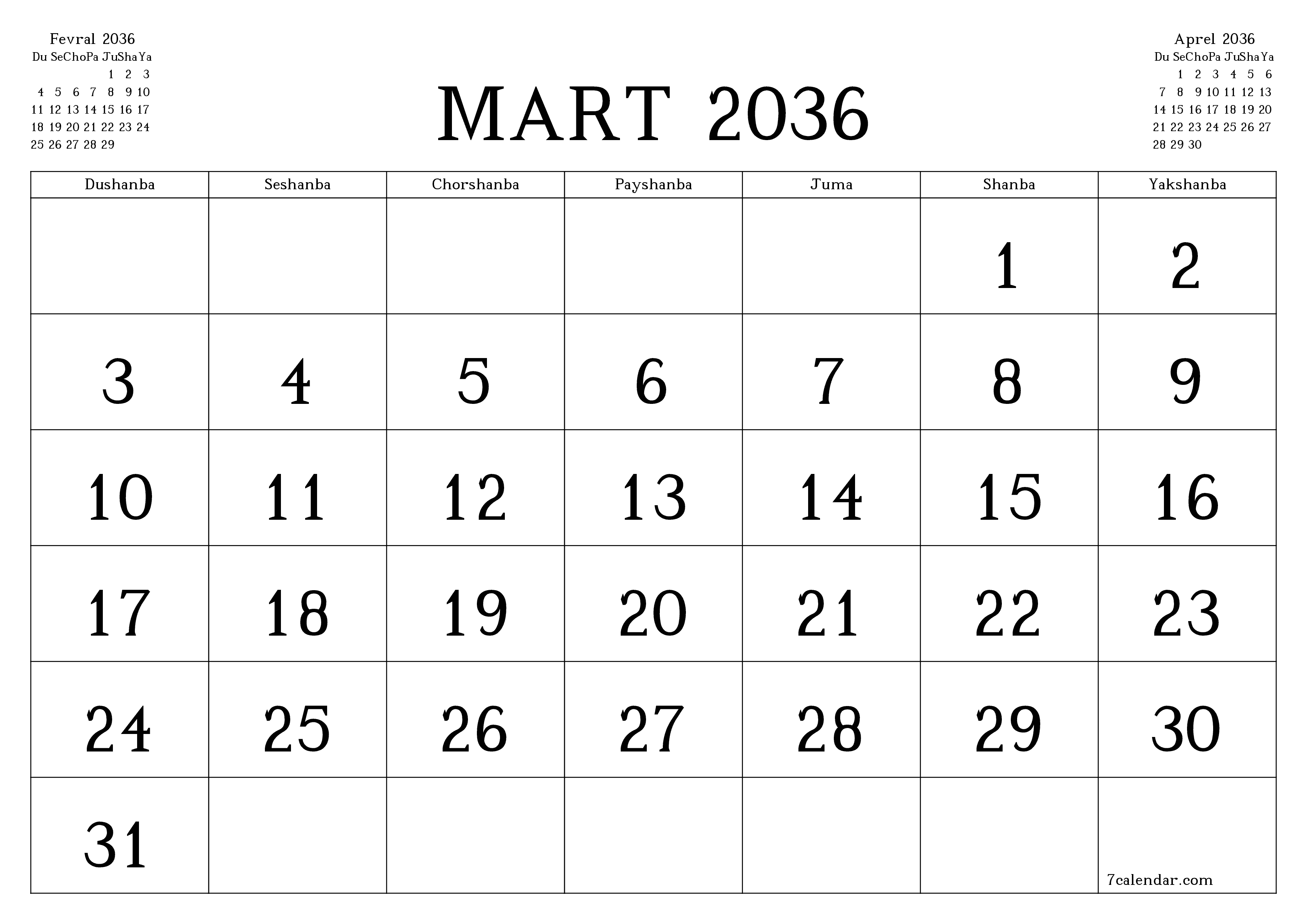 Mart 2036 oylik oylik rejalashtiruvchini yozuvlar bilan bo'shatish, saqlash va PDF-ga chop etish PNG Uzbek