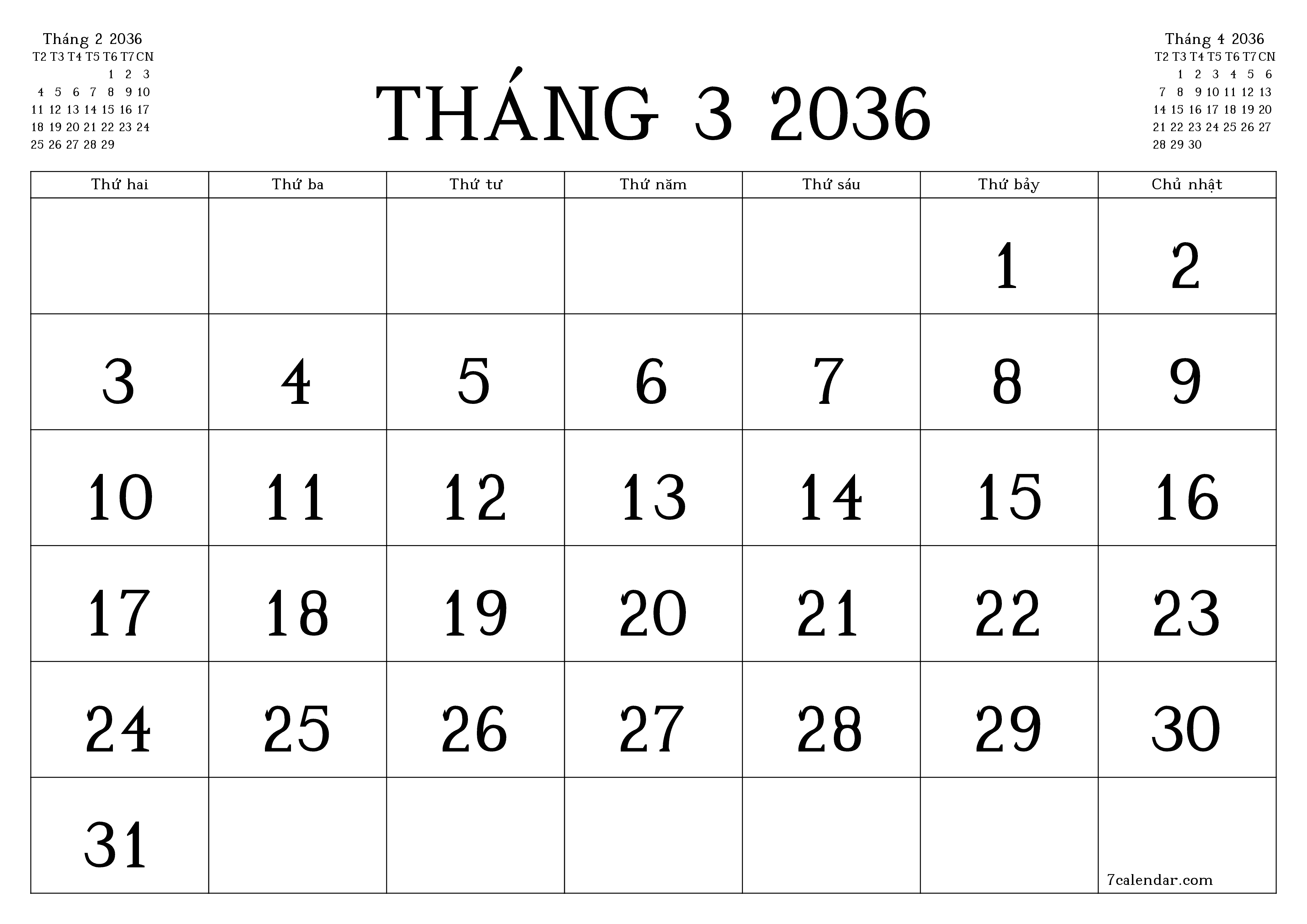 Công cụ lập kế hoạch hàng tháng trống cho tháng Tháng 3 2036 có ghi chú, lưu và in sang PDF PNG Vietnamese