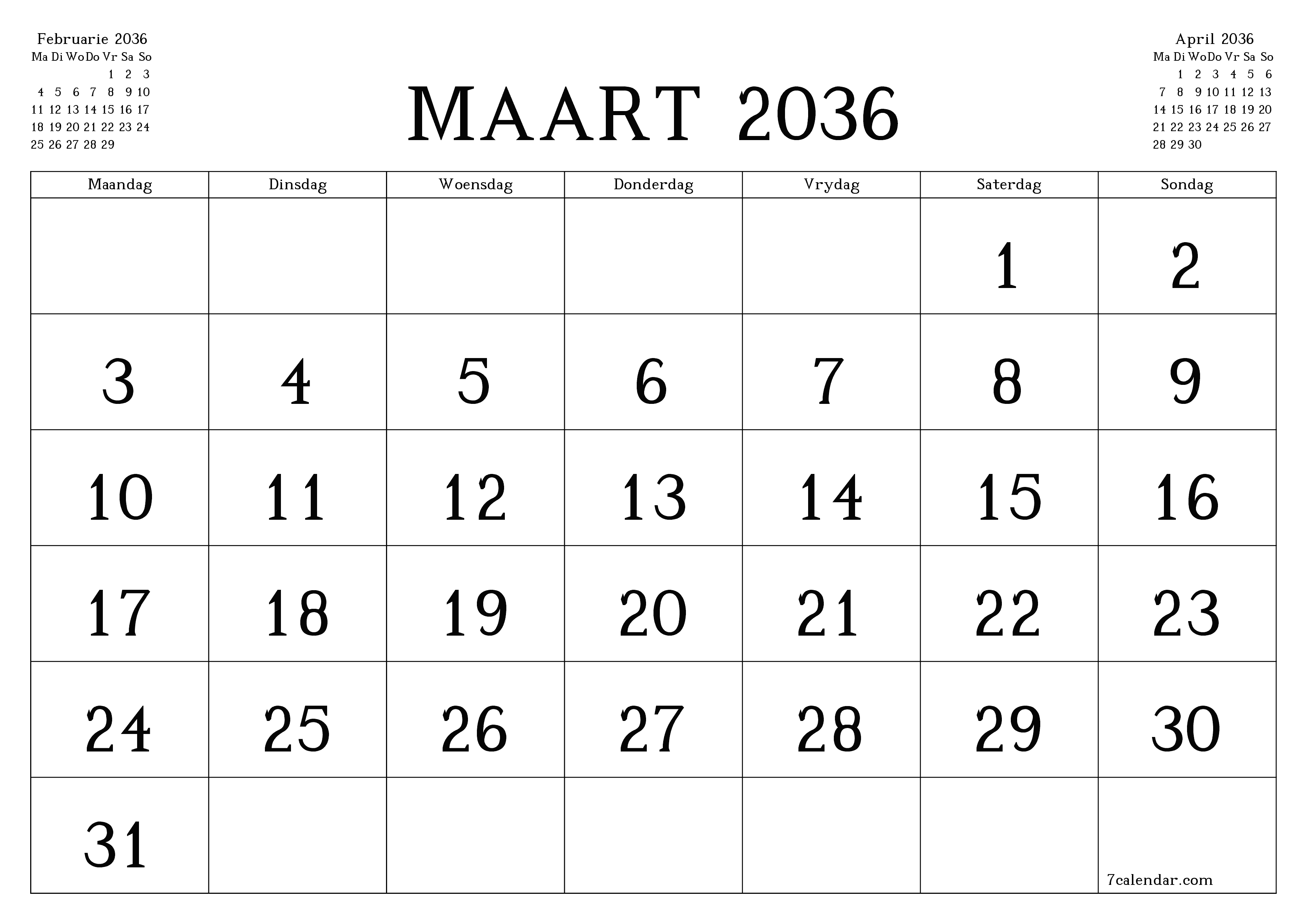 Leë maandelikse drukbare kalender en beplanner vir maand Maart 2036 met notas stoor en druk na PDF PNG Afrikaans