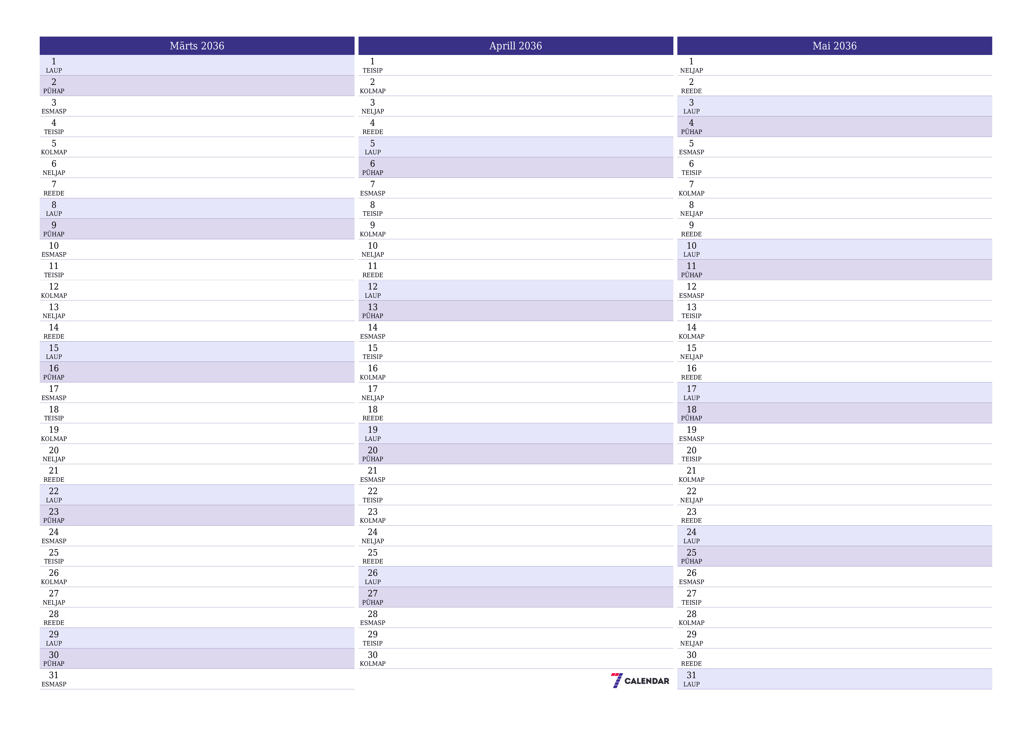 prinditav seina kalendri mall tasuta horisontaalne Igakuine planeerija kalender Märts (Märts) 2036