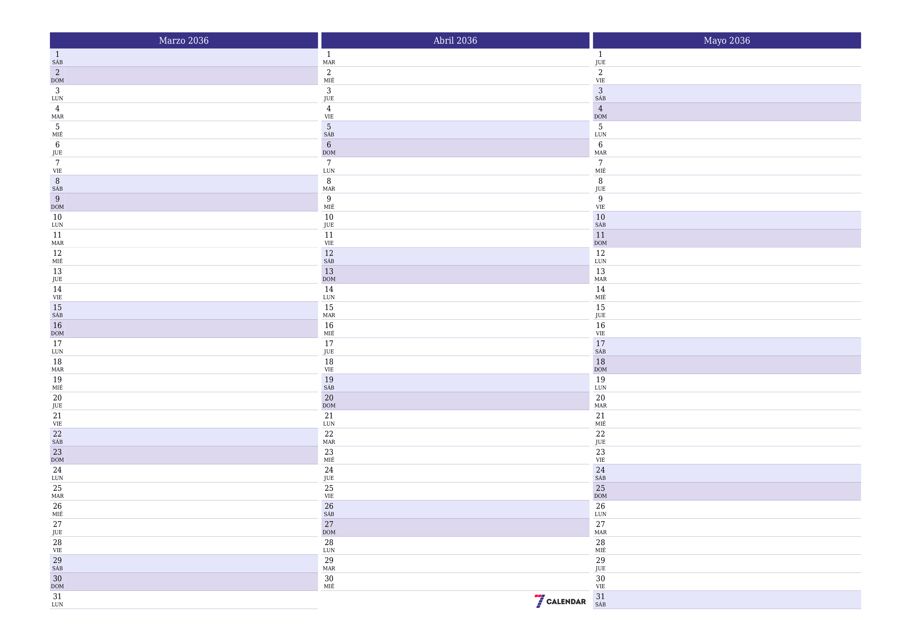 Planificador mensual vacío para el mes Marzo 2036 con notas, guardar e imprimir en PDF PNG Spanish