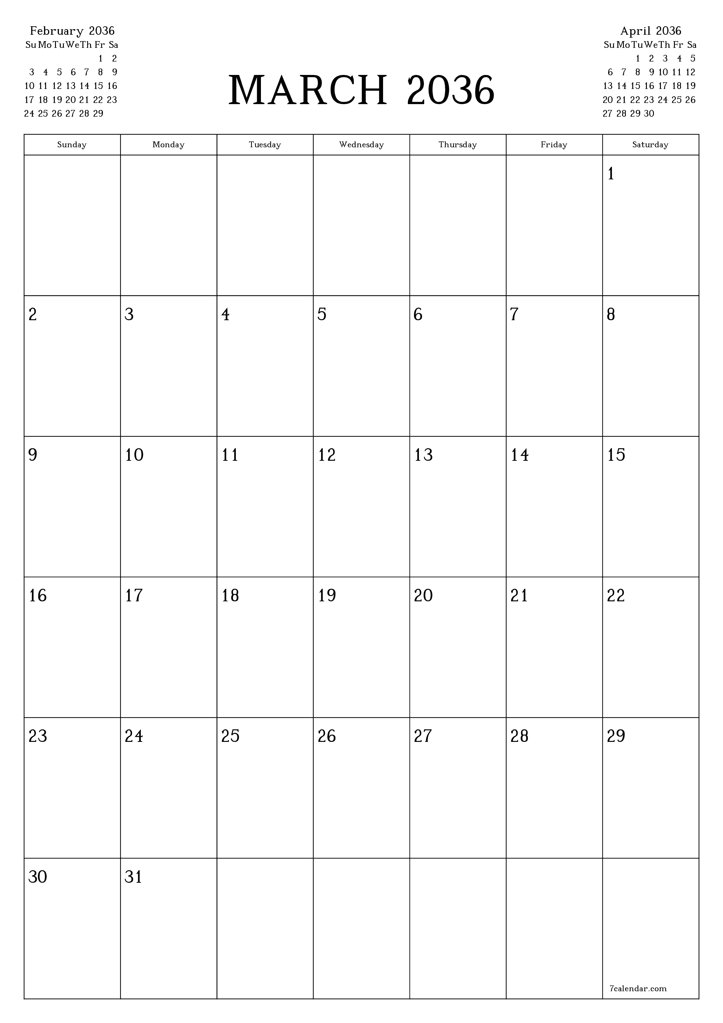 printable wall template free vertical Monthly planner calendar March (Mar) 2036