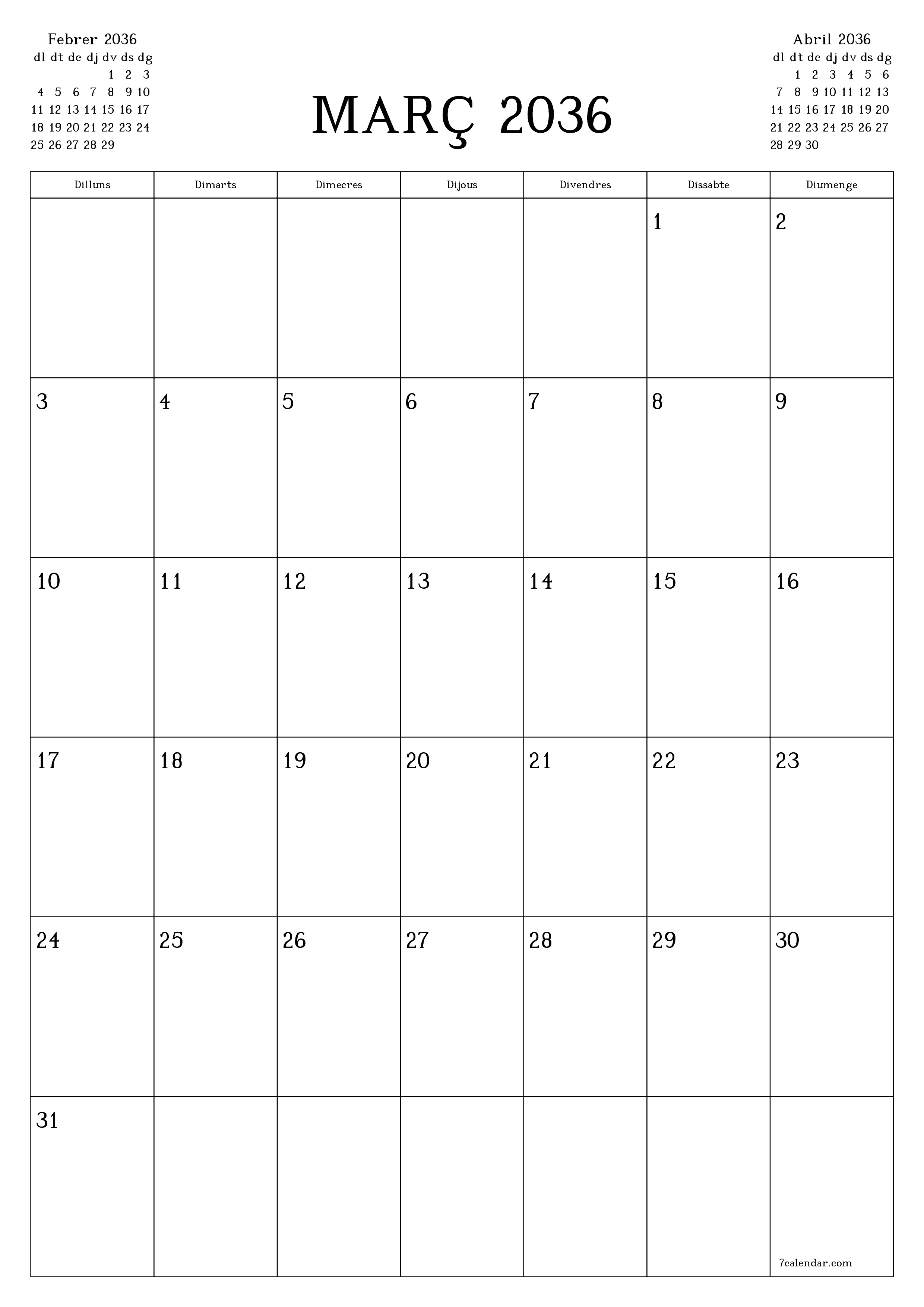  imprimible de paret plantilla de gratuïtvertical Mensual planificador calendari Març (Mar) 2036