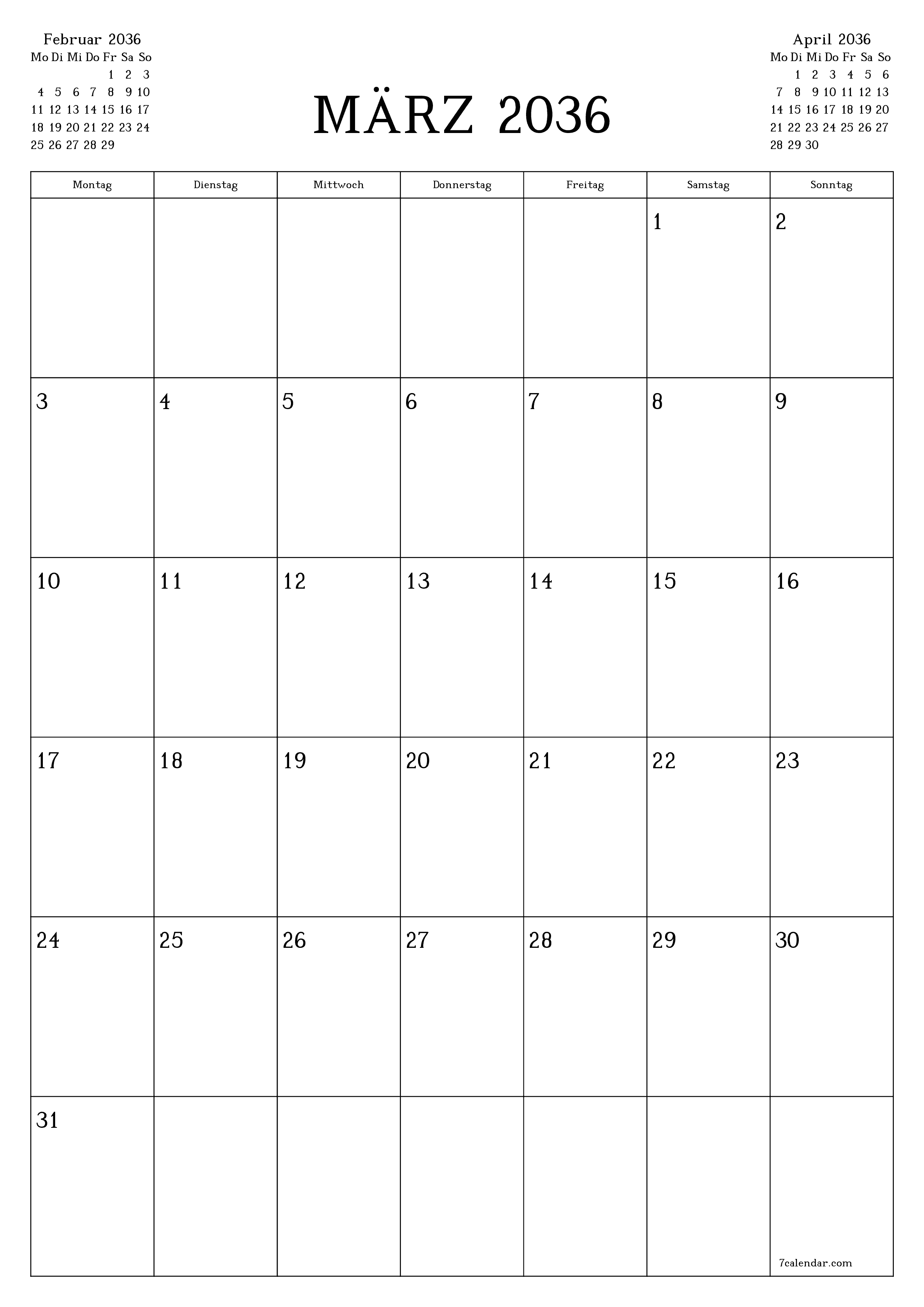  zum Ausdrucken Wandkalender vorlage kostenloser vertikal Monatlich Planer Kalender März (Mär) 2036