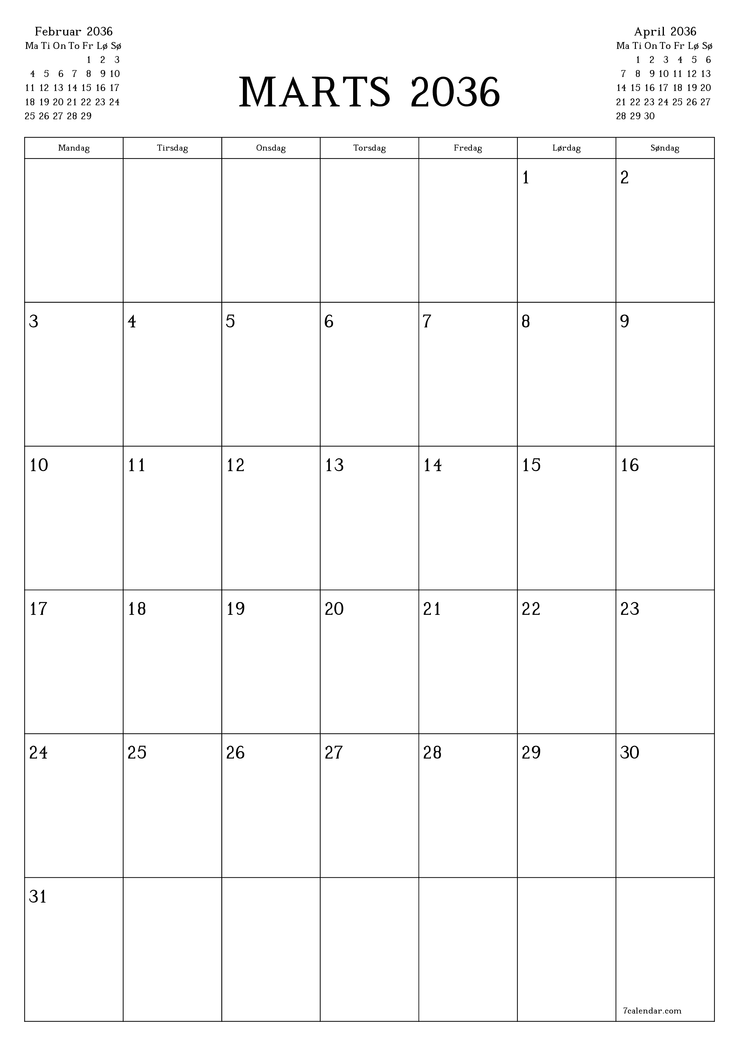 udskrivbar væg skabelon gratis lodret Månedlig planlægger kalender Marts (Mar) 2036