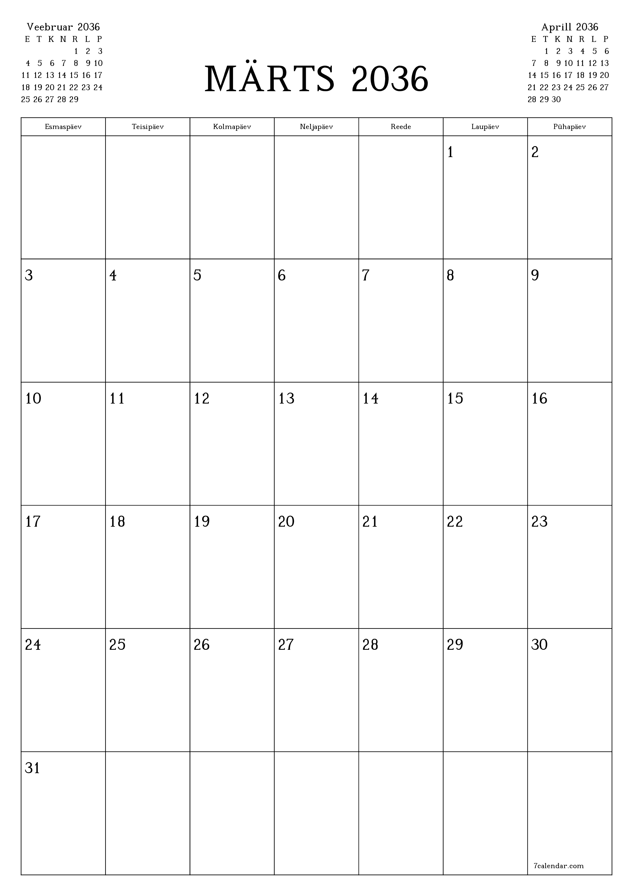 prinditav seina kalendri mall tasuta vertikaalne Igakuine planeerija kalender Märts (Märts) 2036