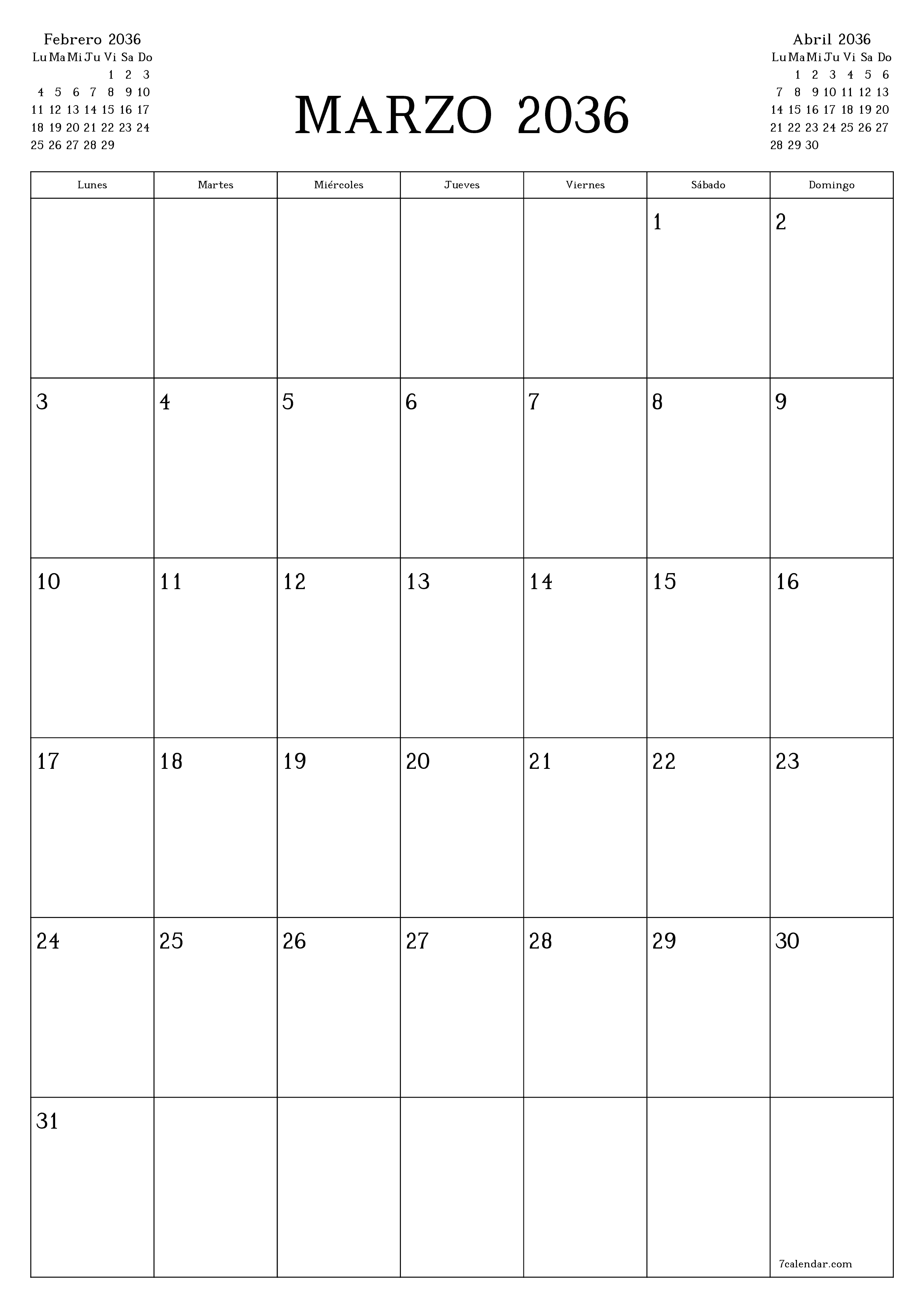  imprimible de pared plantilla de gratisvertical Mensual planificador calendario Marzo (Mar) 2036