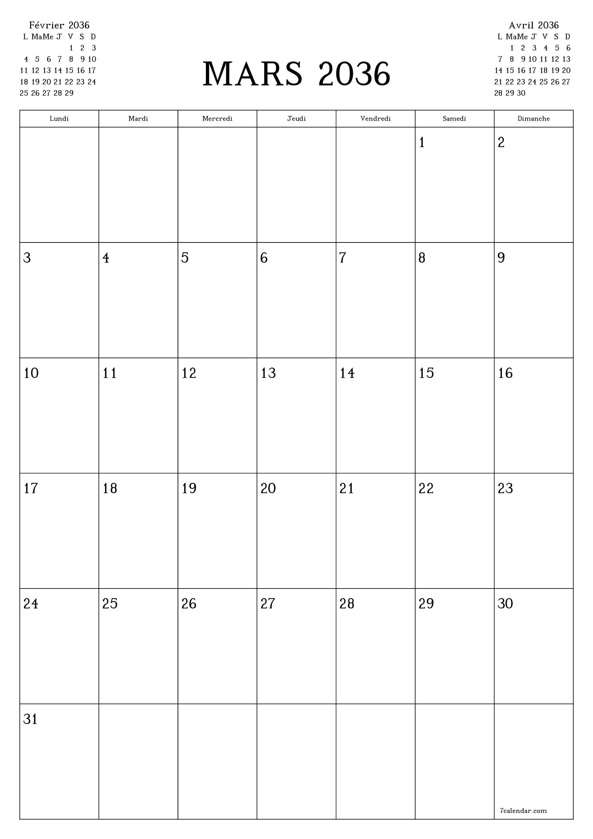  imprimable mural modèle de gratuitverticale Mensuel planificateur calendrier Mars (Mar) 2036