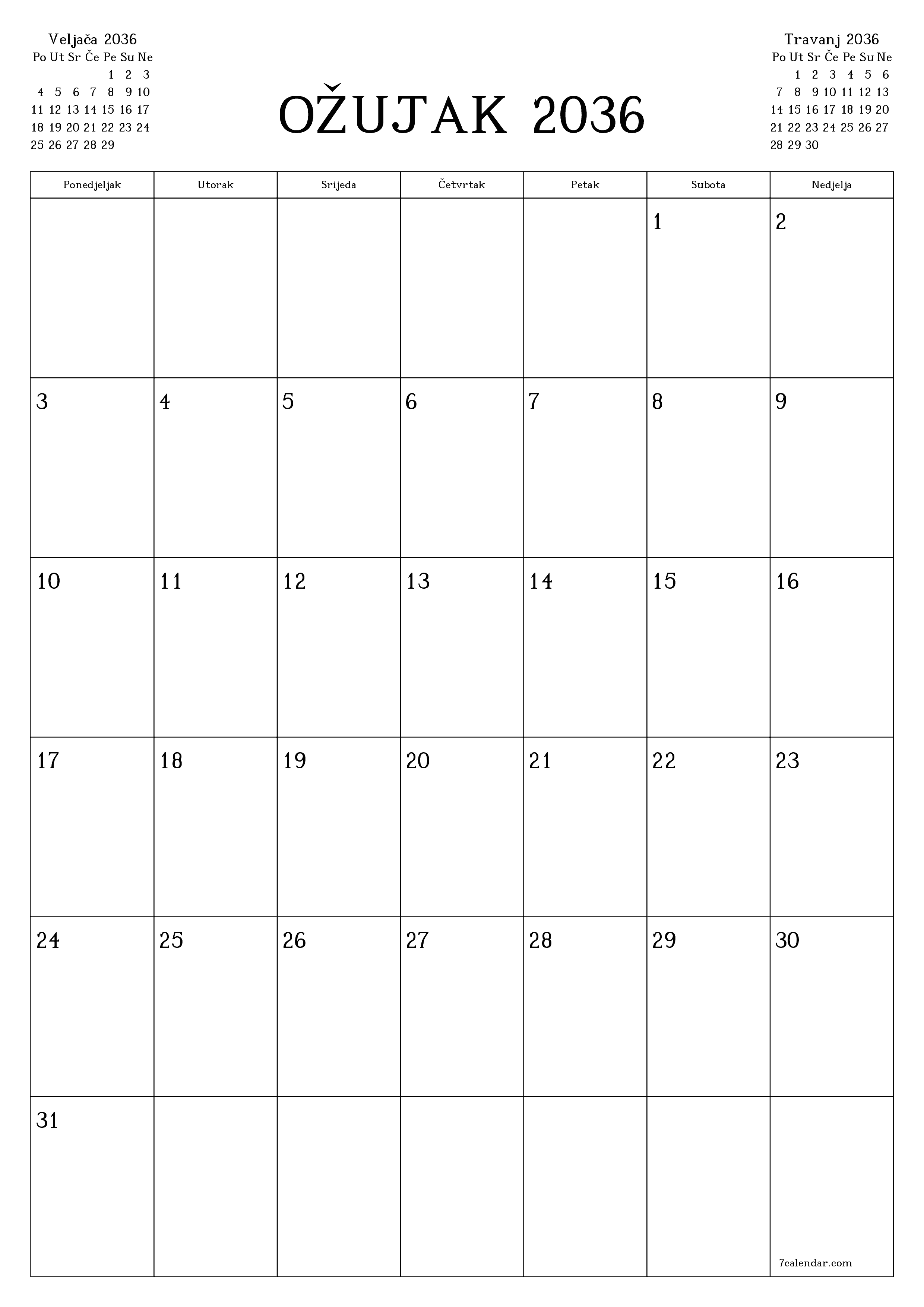  za ispis zidni predložak a besplatni okomito Mjesečni planer kalendar Ožujak (Ožu) 2036