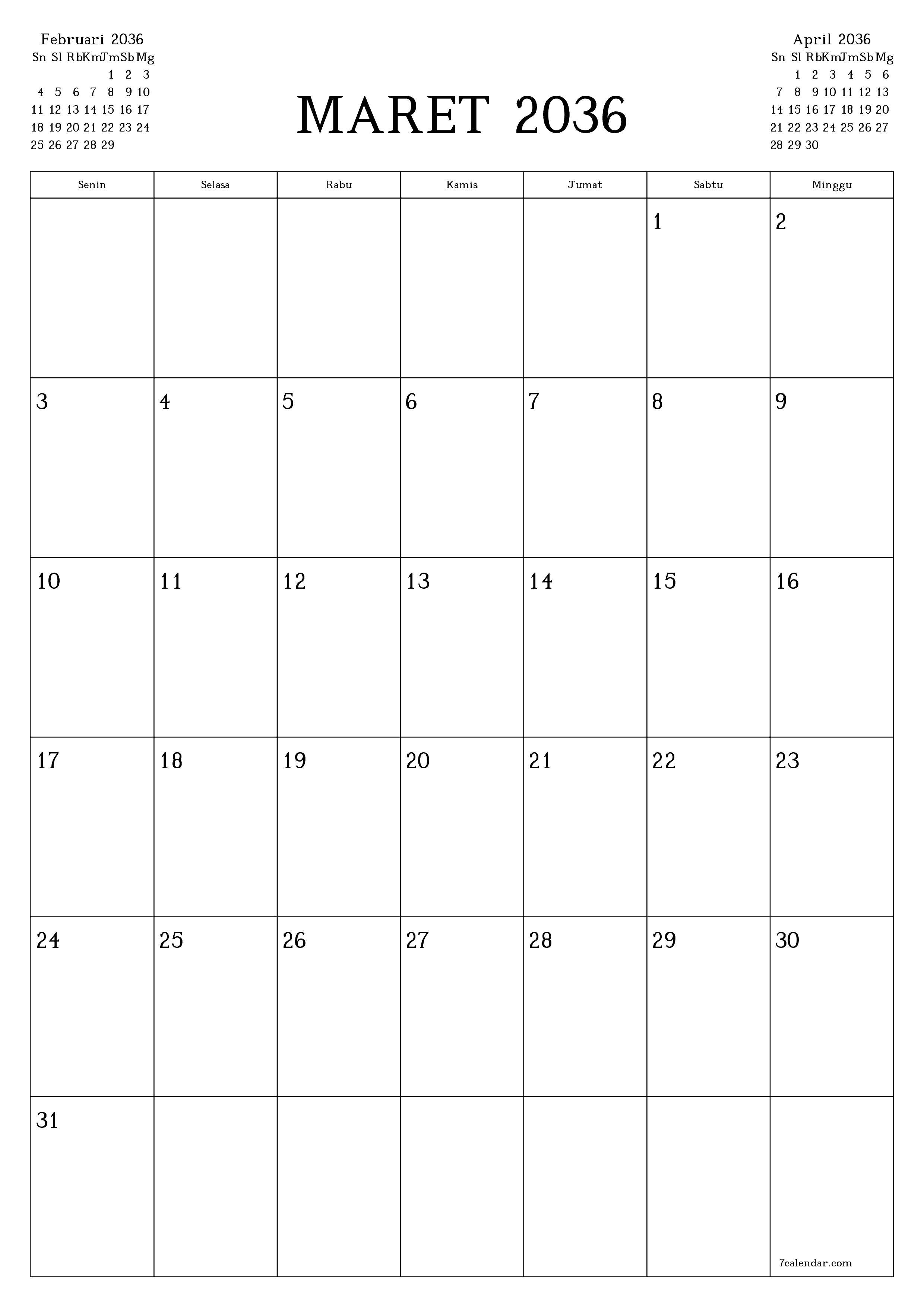  yang dapat dicetak dinding templat gratisvertikal Bulanan perencana kalender Maret (Mar) 2036