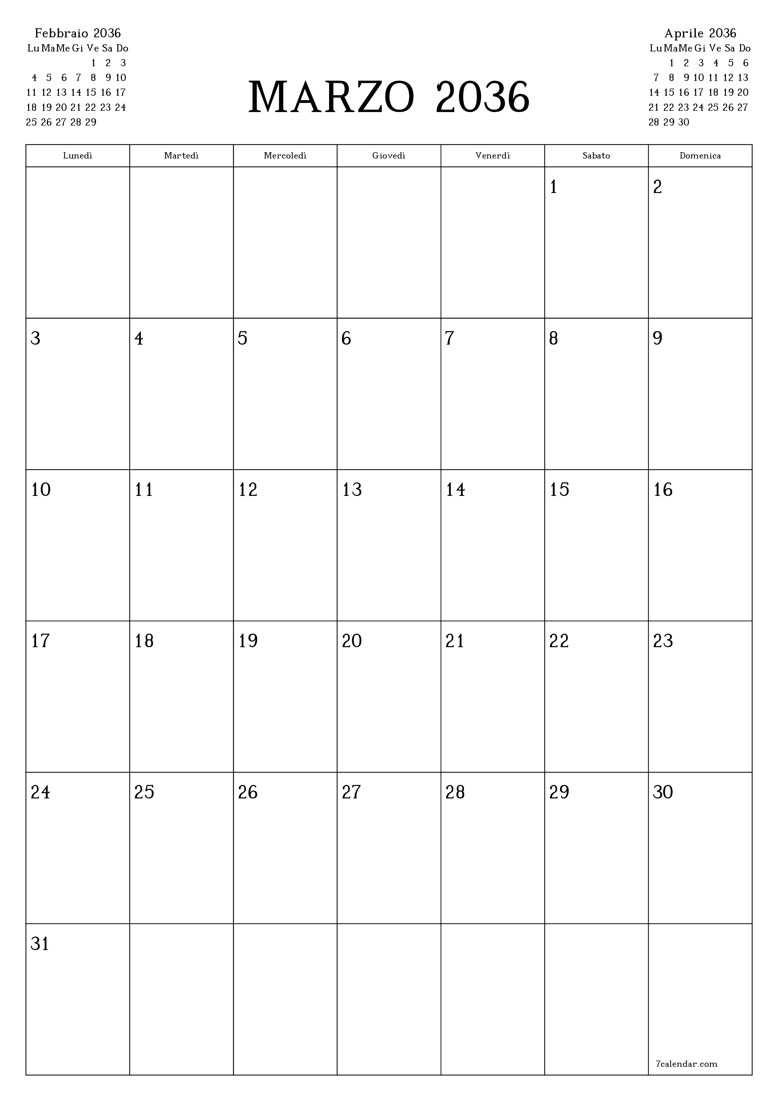  stampabile da parete modello di gratuitoverticale Mensile pianificatore calendario Marzo (Mar) 2036