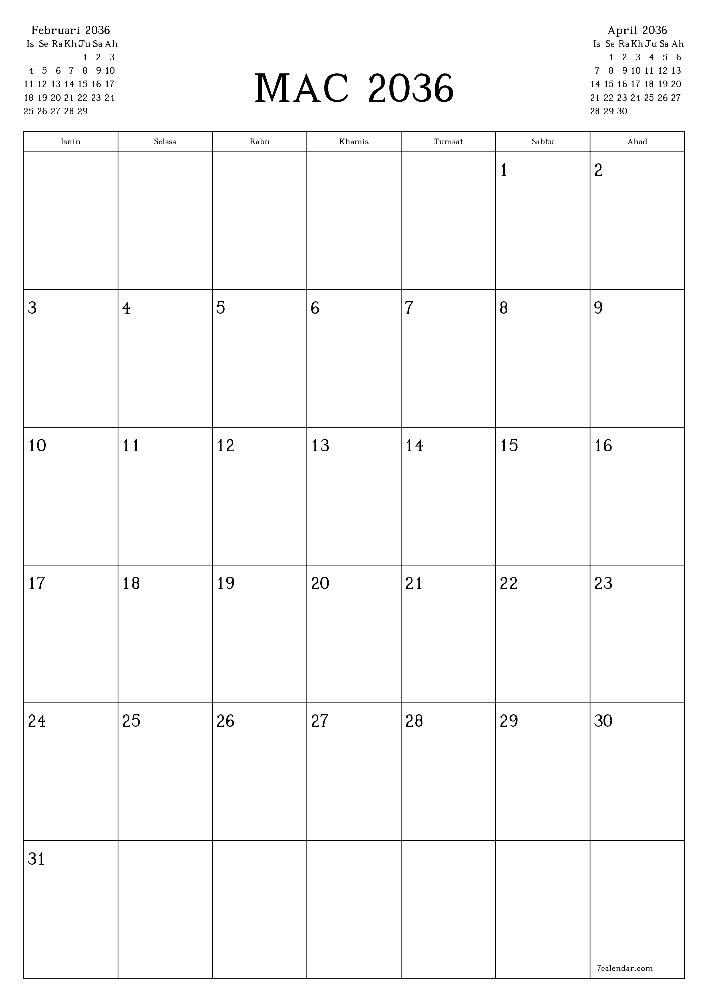  boleh cetak dinding templat percumamenegak Bulanan perancang kalendar Mac (Mar) 2036