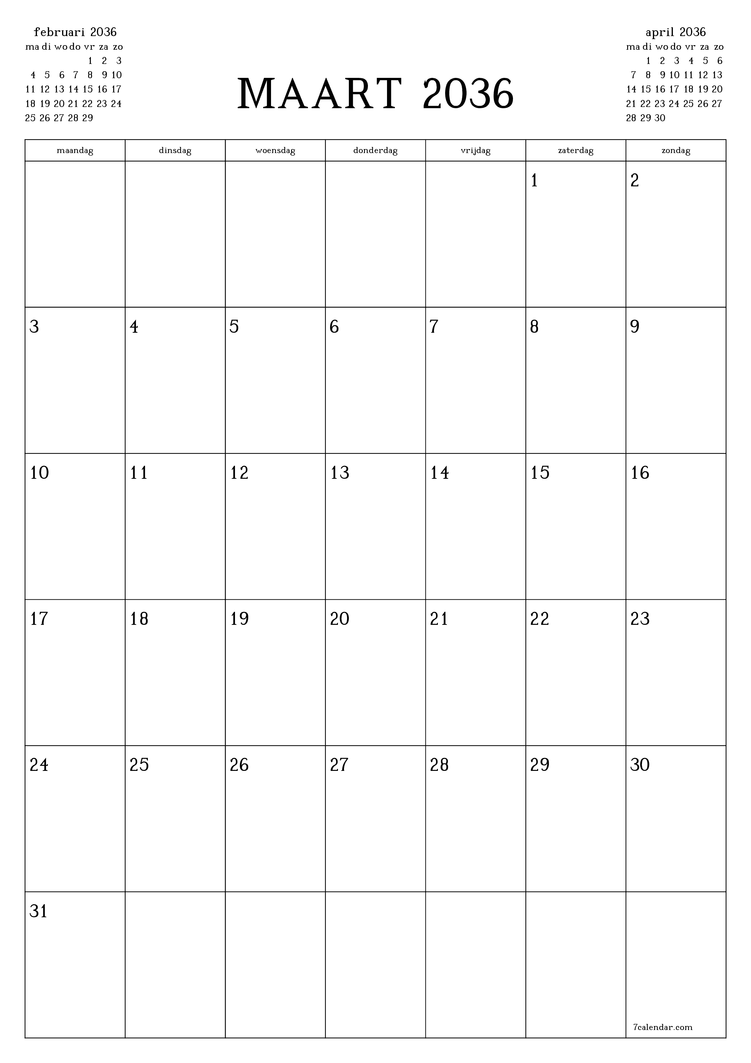 afdrukbare muur sjabloon gratis verticaal Maandelijks planner kalender maart (mrt) 2036