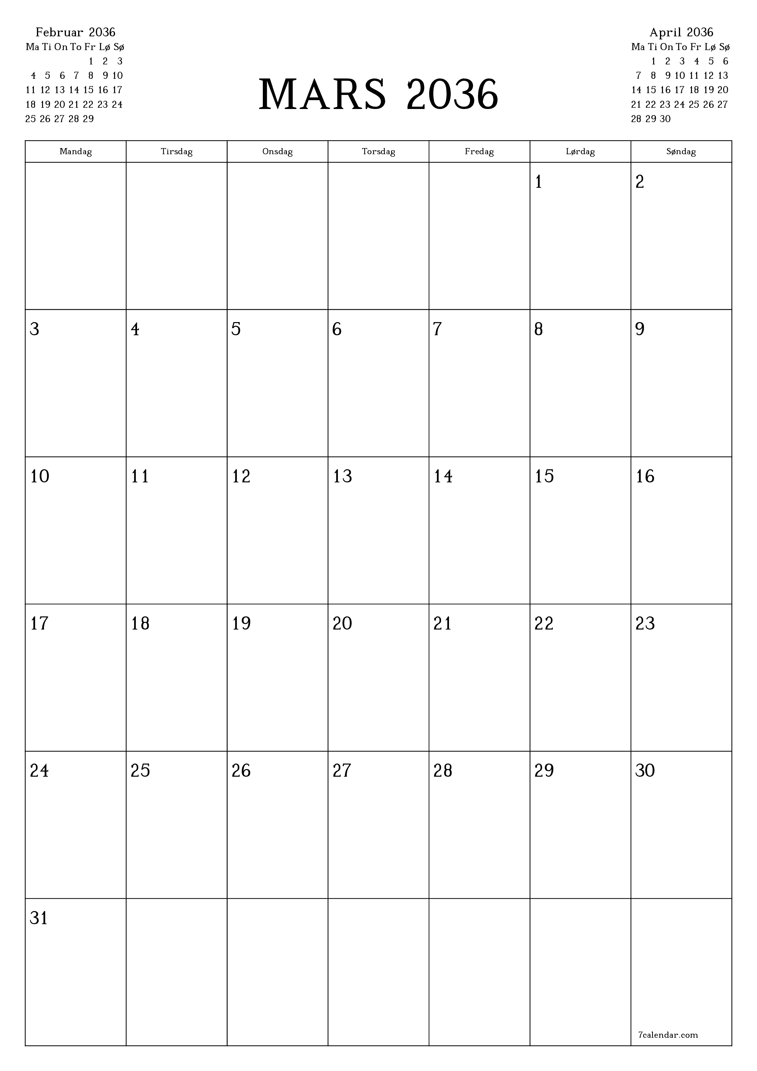 utskrivbar vegg mal gratis vertikal Månedlig planlegger kalender Mars (Mar) 2036