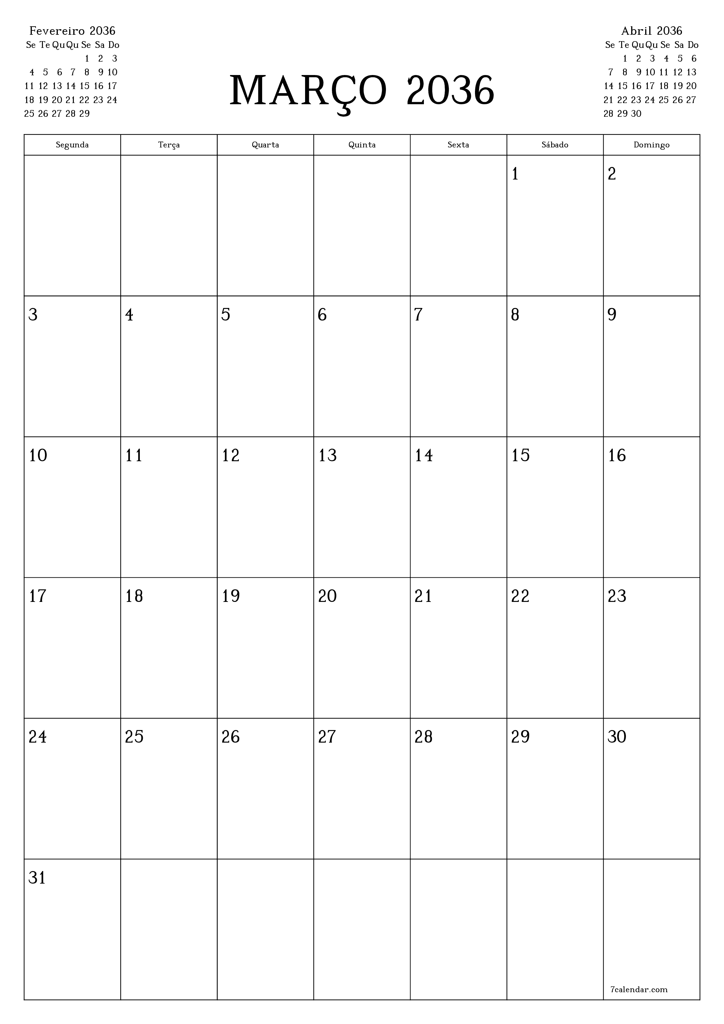  para impressão de parede modelo de grátisvertical Mensal planejador calendário Março (Mar) 2036