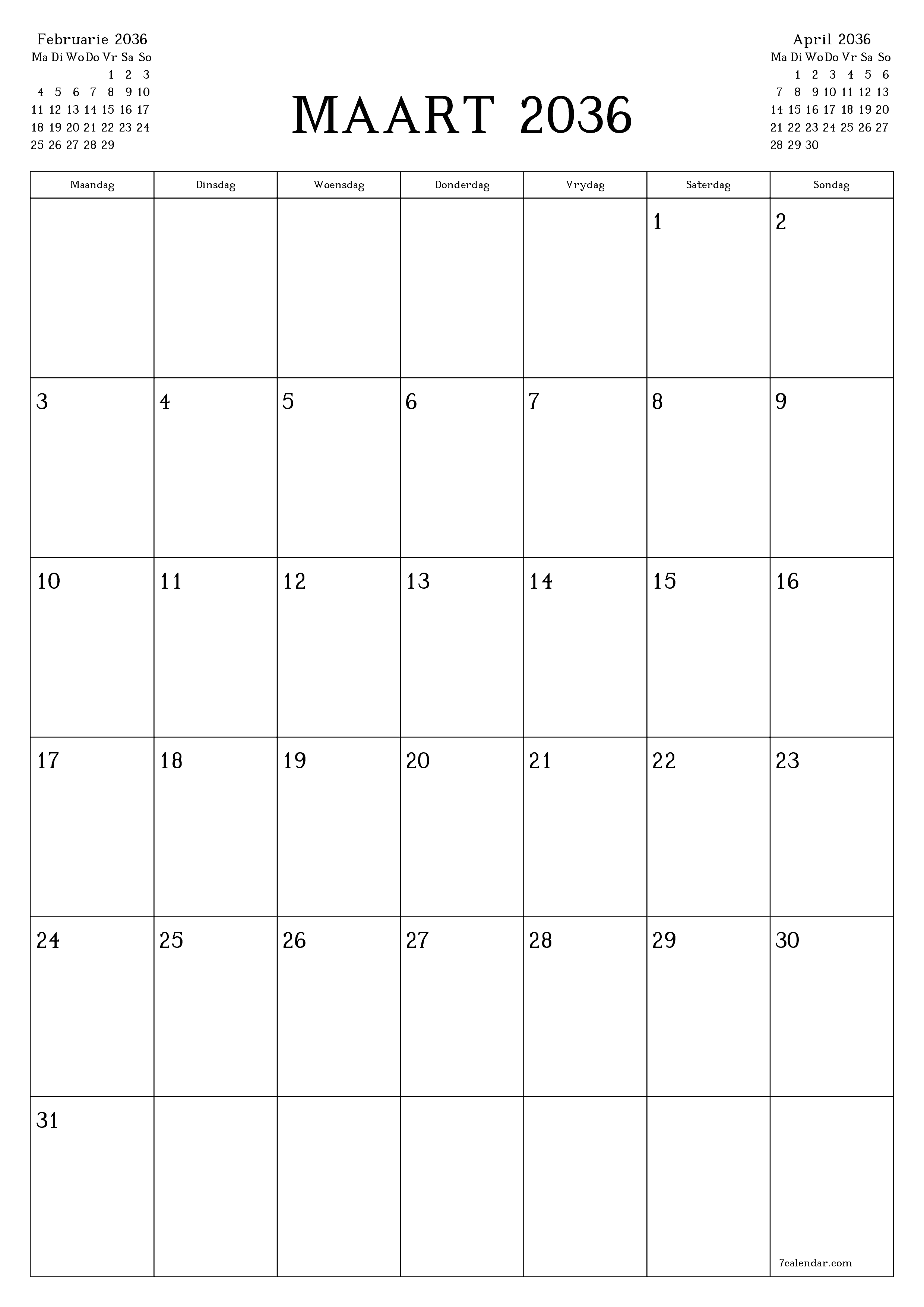 drukbare muur template gratis vertikaal Maandeliks beplanner kalender Maart (Mar) 2036