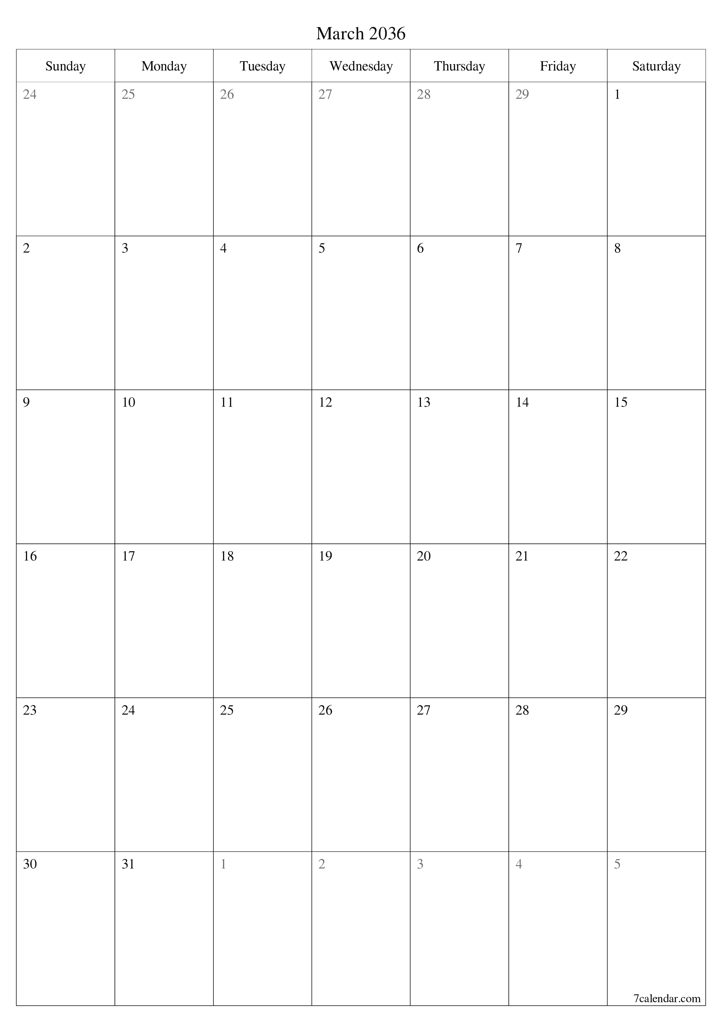 printable wall template free vertical Monthly planner calendar March (Mar) 2036