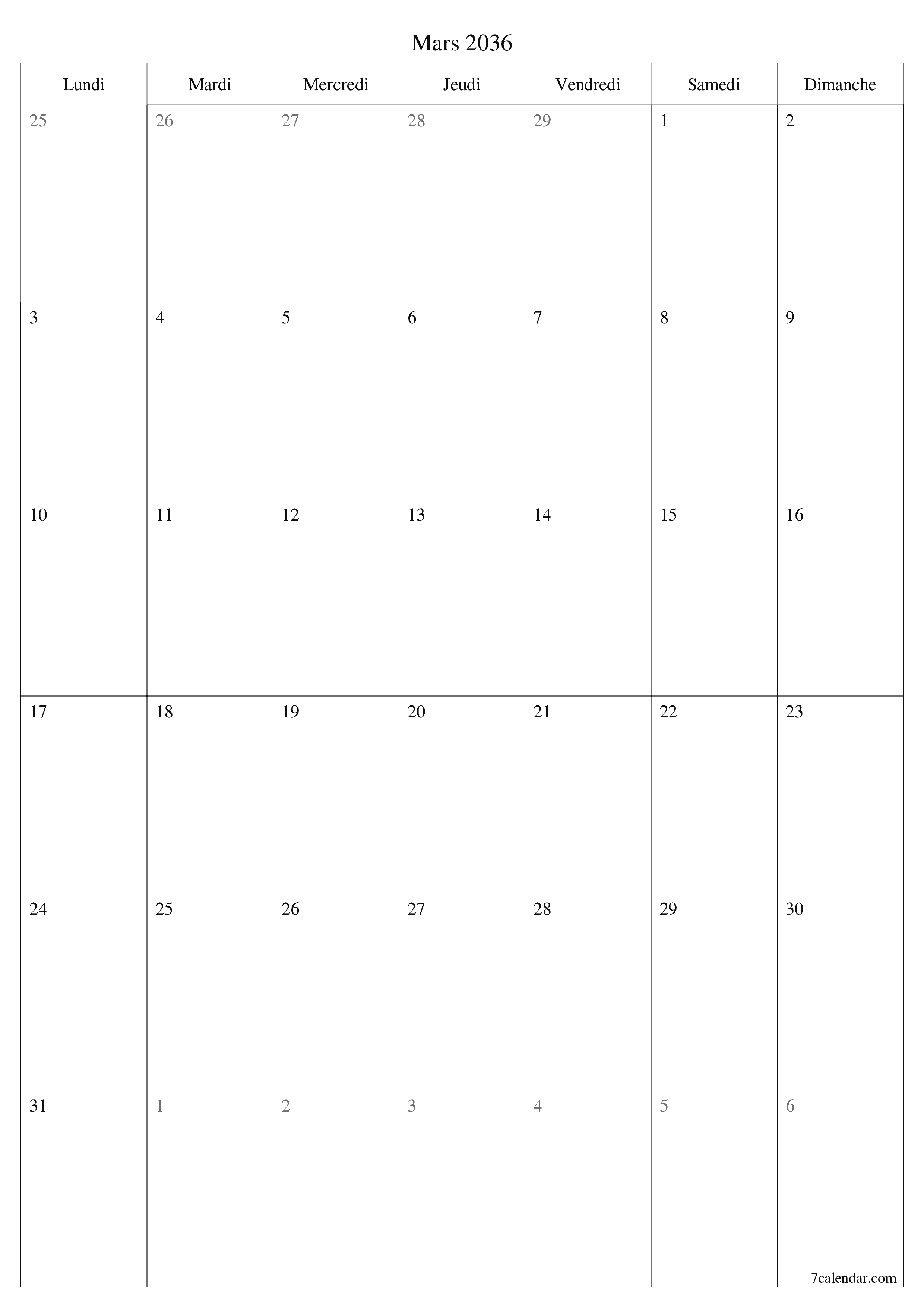  imprimable mural modèle de gratuitverticale Mensuel planificateur calendrier Mars (Mar) 2036