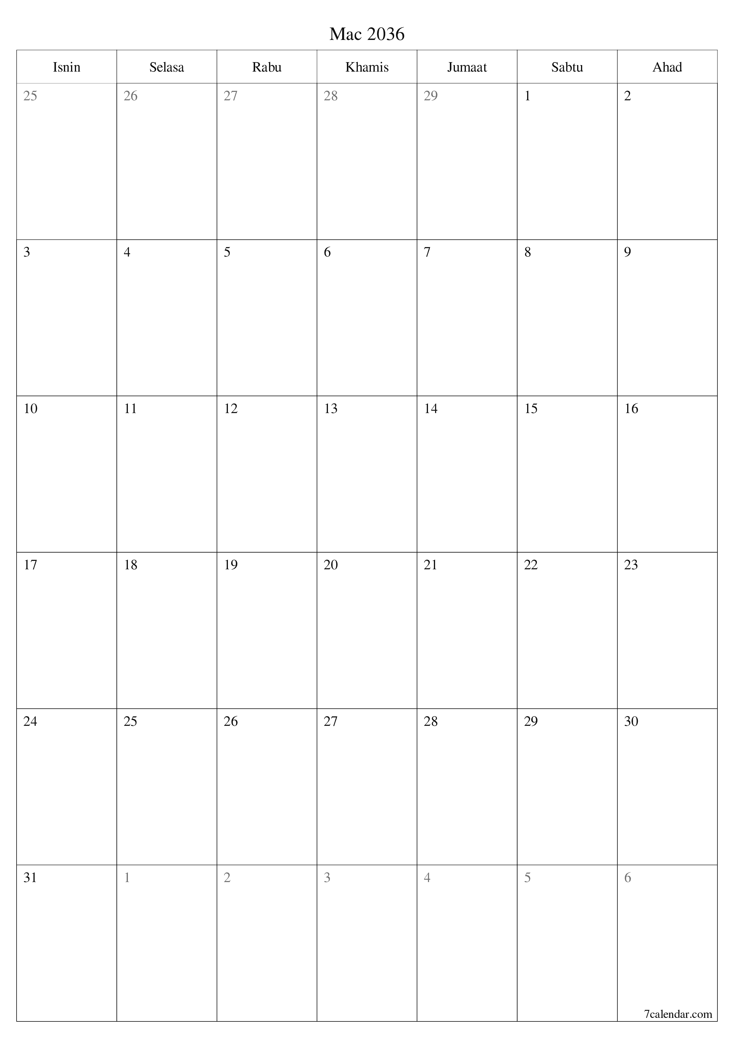  boleh cetak dinding templat percumamenegak Bulanan perancang kalendar Mac (Mar) 2036
