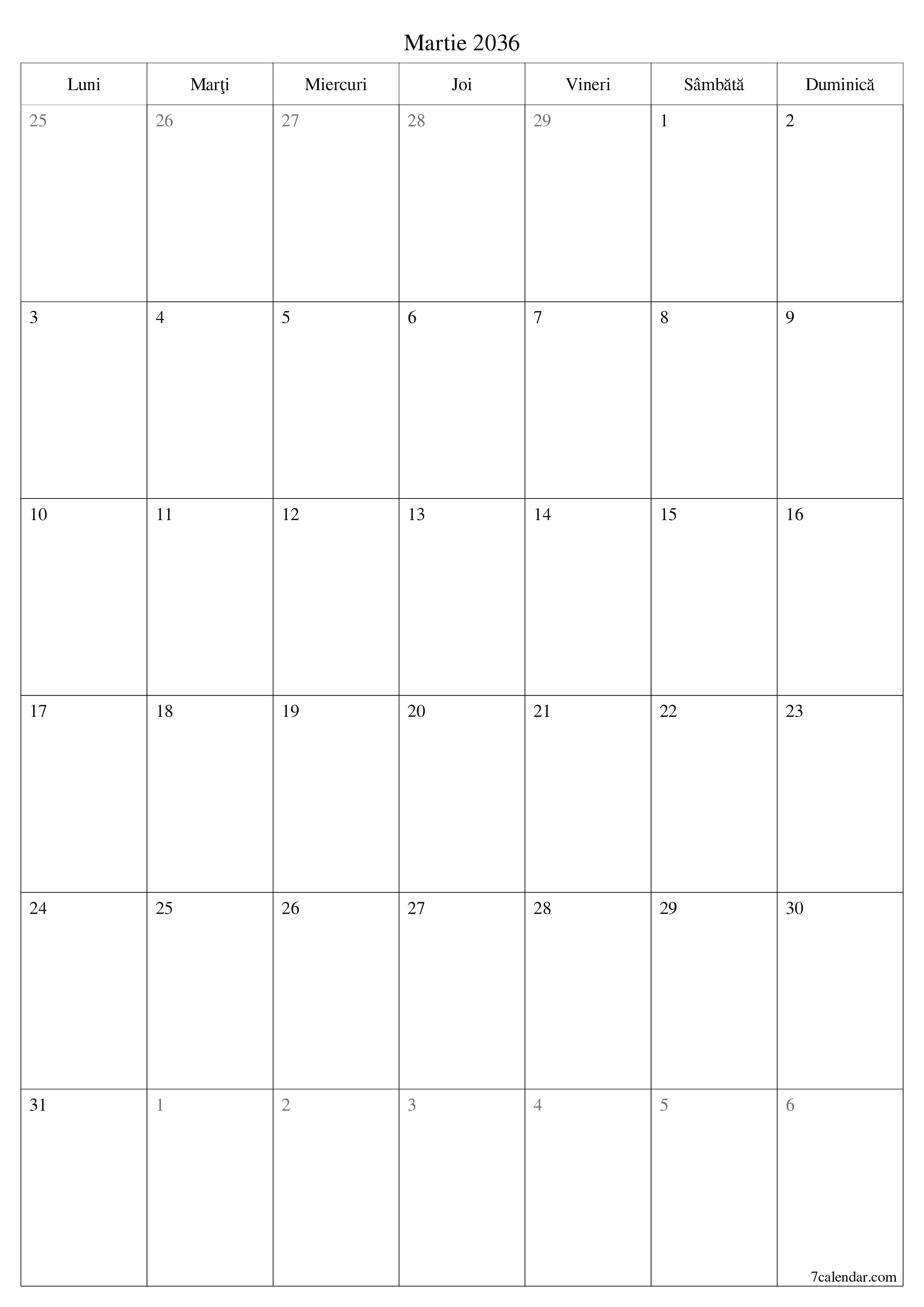  imprimabil de perete șablon de gratuitvertical Lunar planificator calendar Martie (Mar) 2036