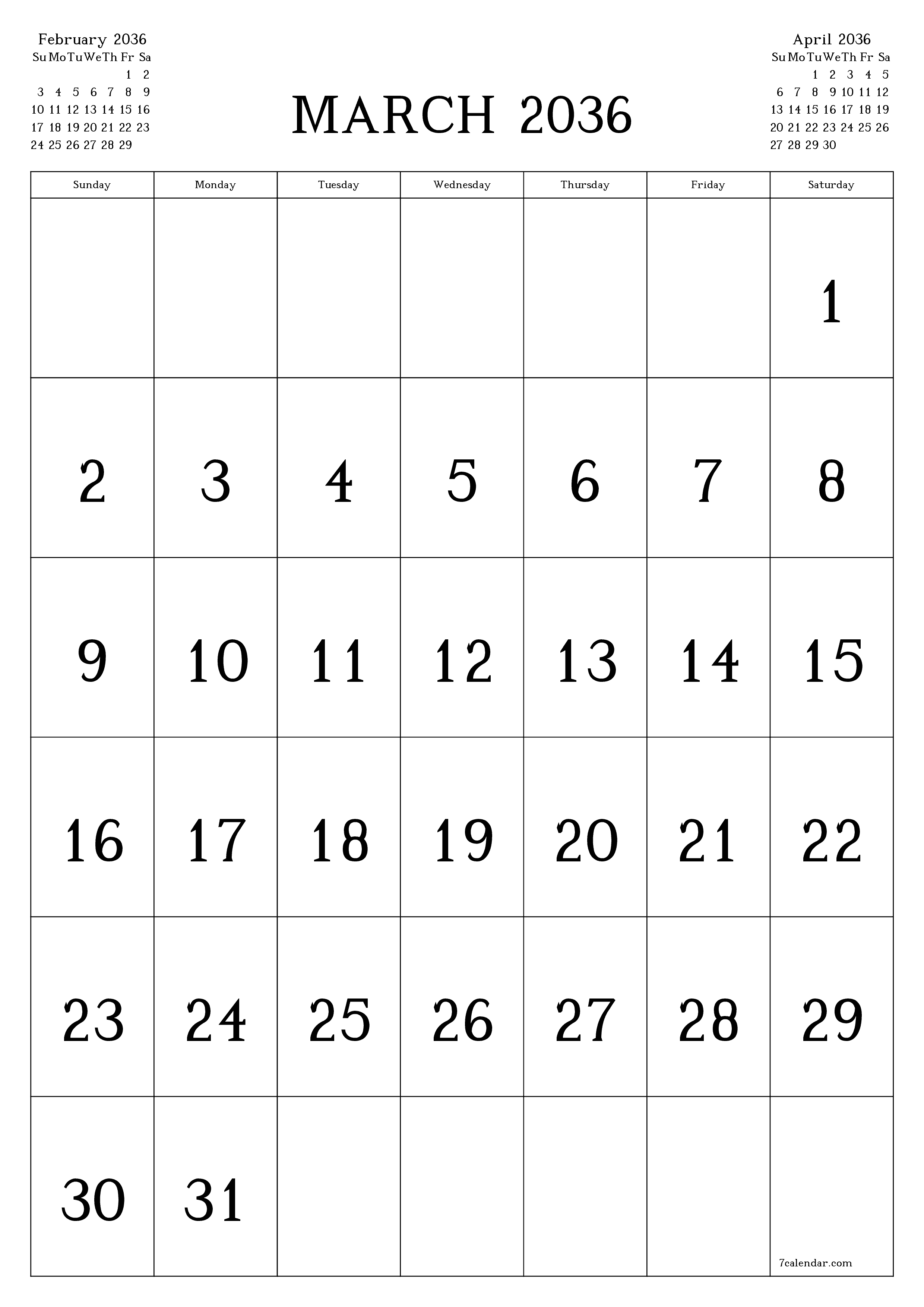 printable wall template free vertical Monthly calendar March (Mar) 2036