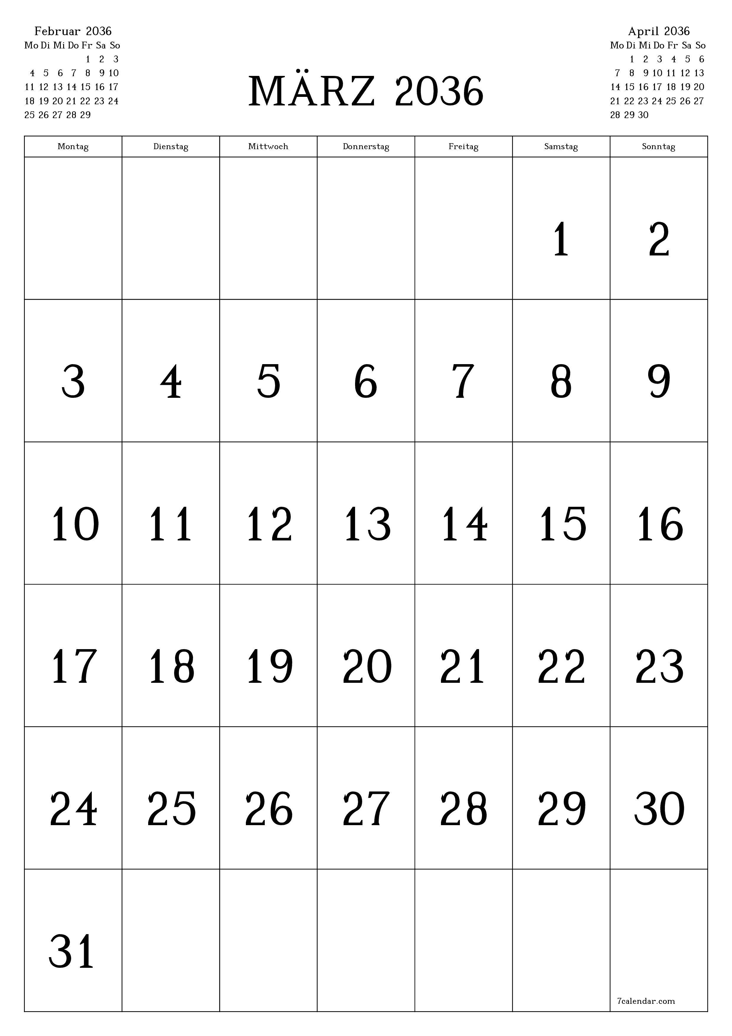  zum Ausdrucken Wandkalender vorlage kostenloser vertikal Monatlich Kalender März (Mär) 2036