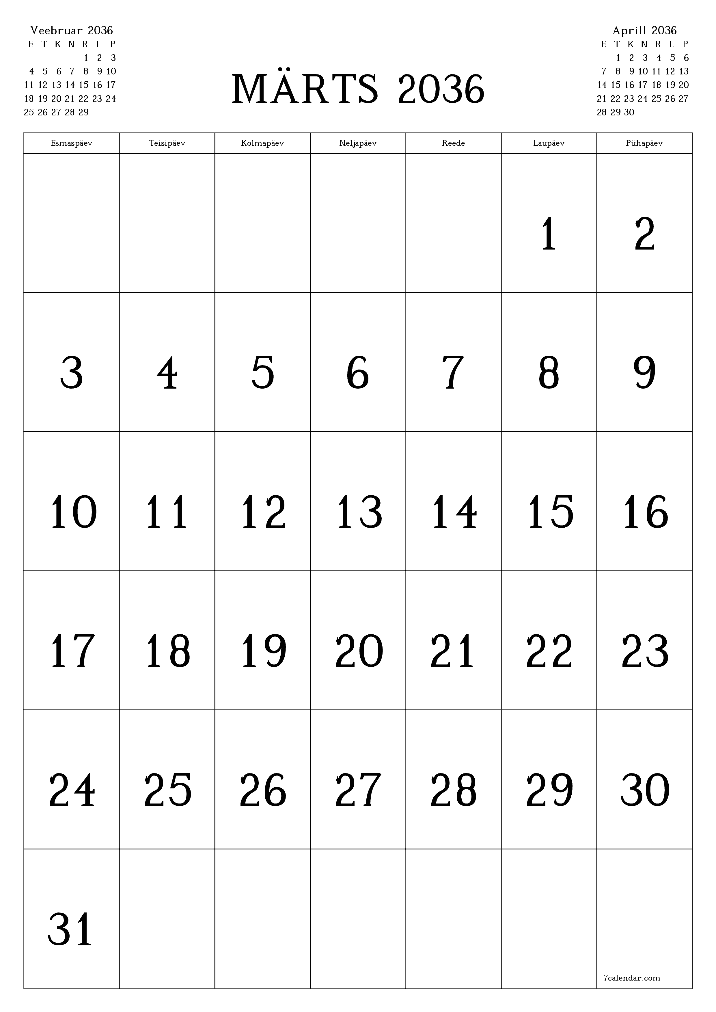 prinditav seina kalendri mall tasuta vertikaalne Igakuine kalender Märts (Märts) 2036