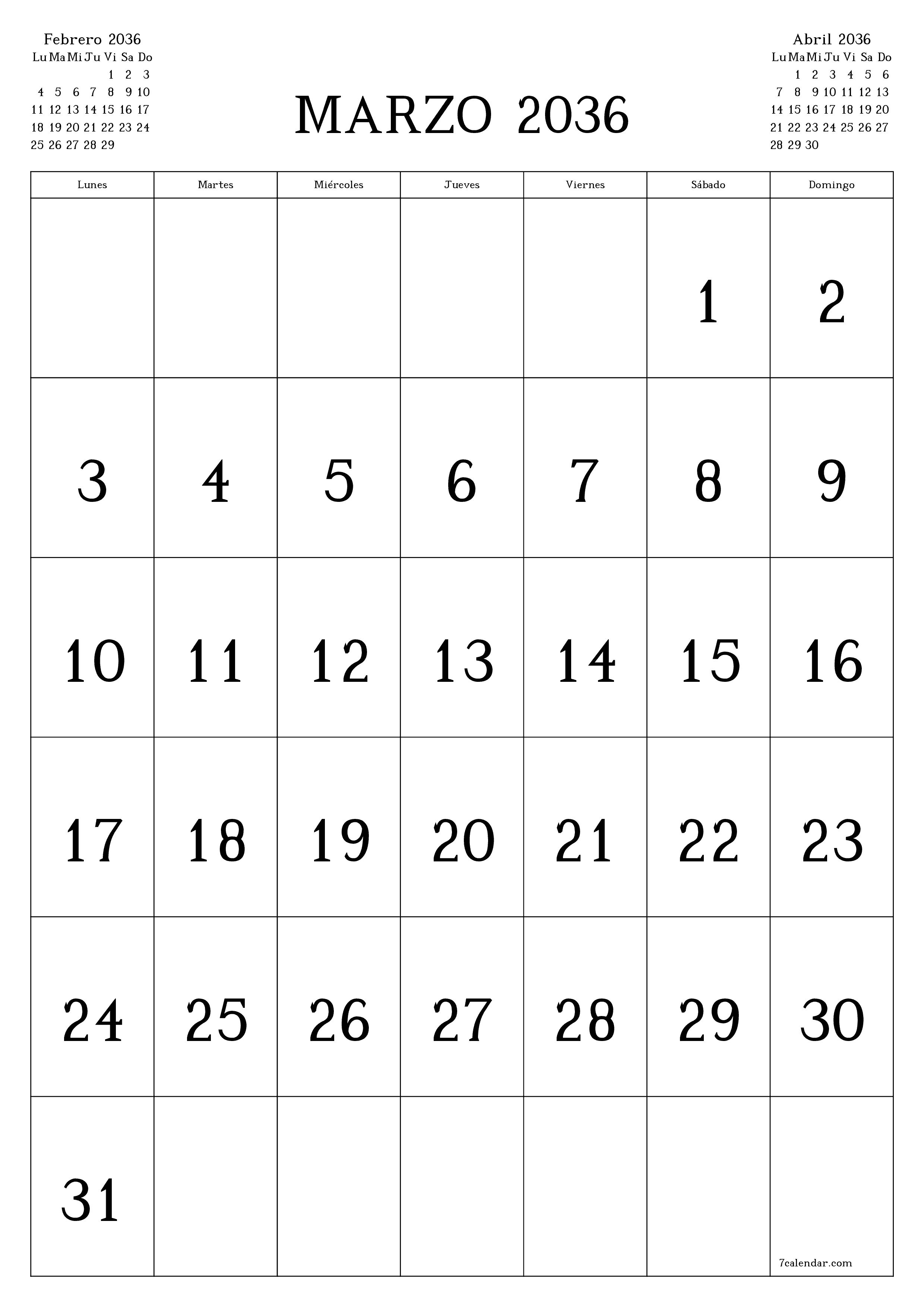  imprimible de pared plantilla de gratisvertical Mensual calendario Marzo (Mar) 2036