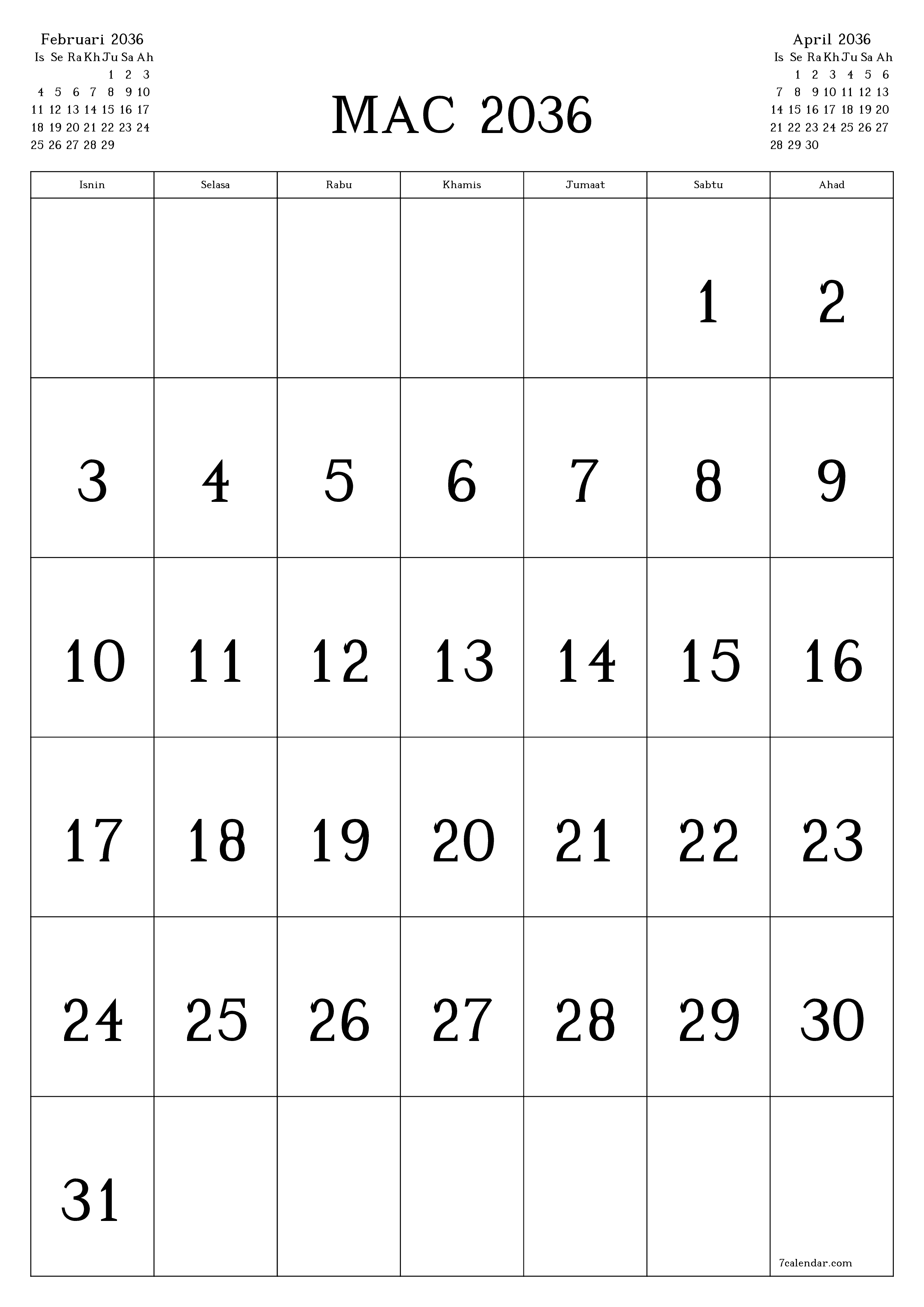  boleh cetak dinding templat percumamenegak Bulanan kalendar Mac (Mar) 2036