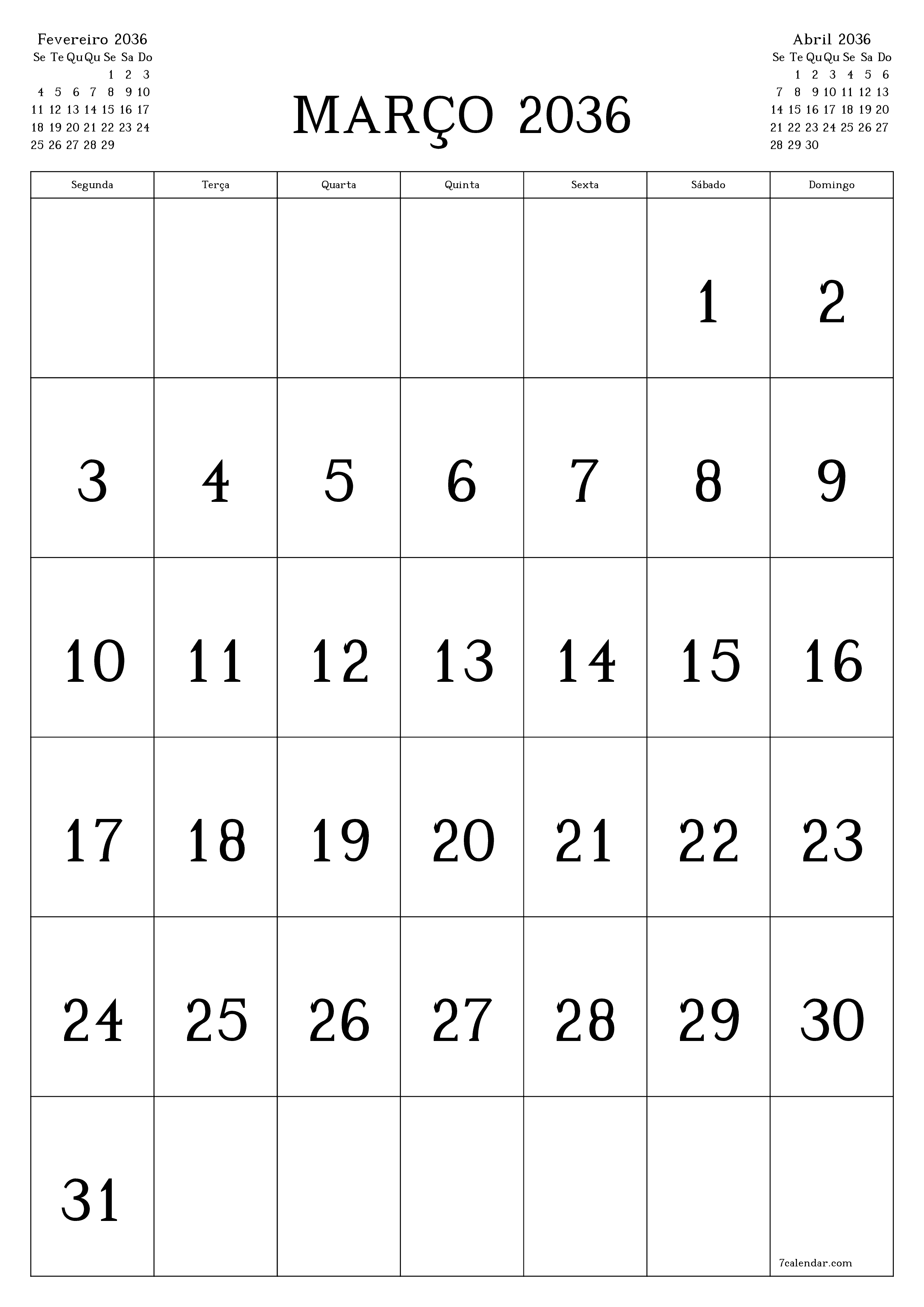  para impressão de parede modelo de grátisvertical Mensal calendário Março (Mar) 2036