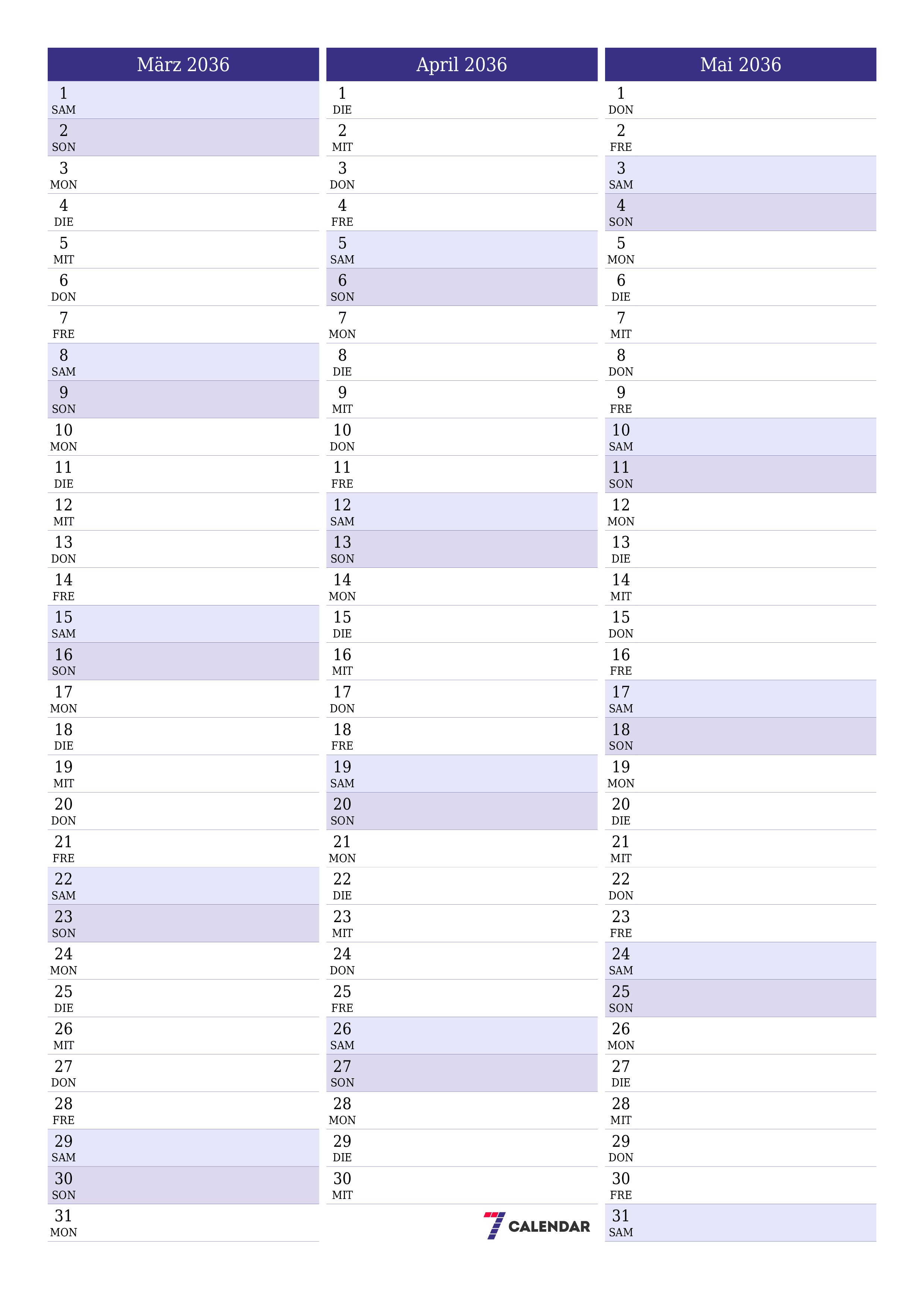  zum Ausdrucken Wandkalender vorlage kostenloser vertikal Monatlich Planer Kalender März (Mär) 2036
