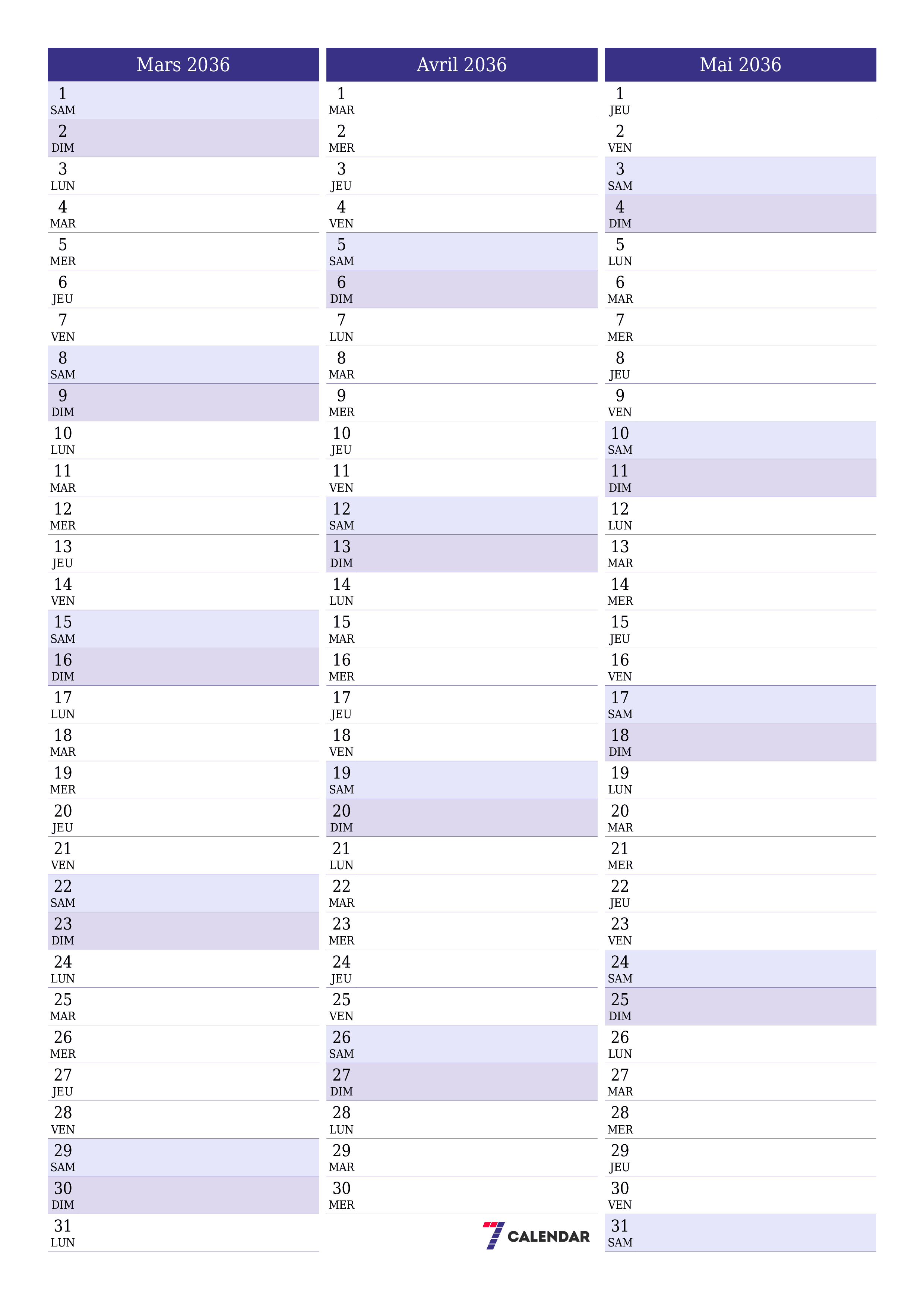  imprimable mural modèle de gratuitverticale Mensuel planificateur calendrier Mars (Mar) 2036