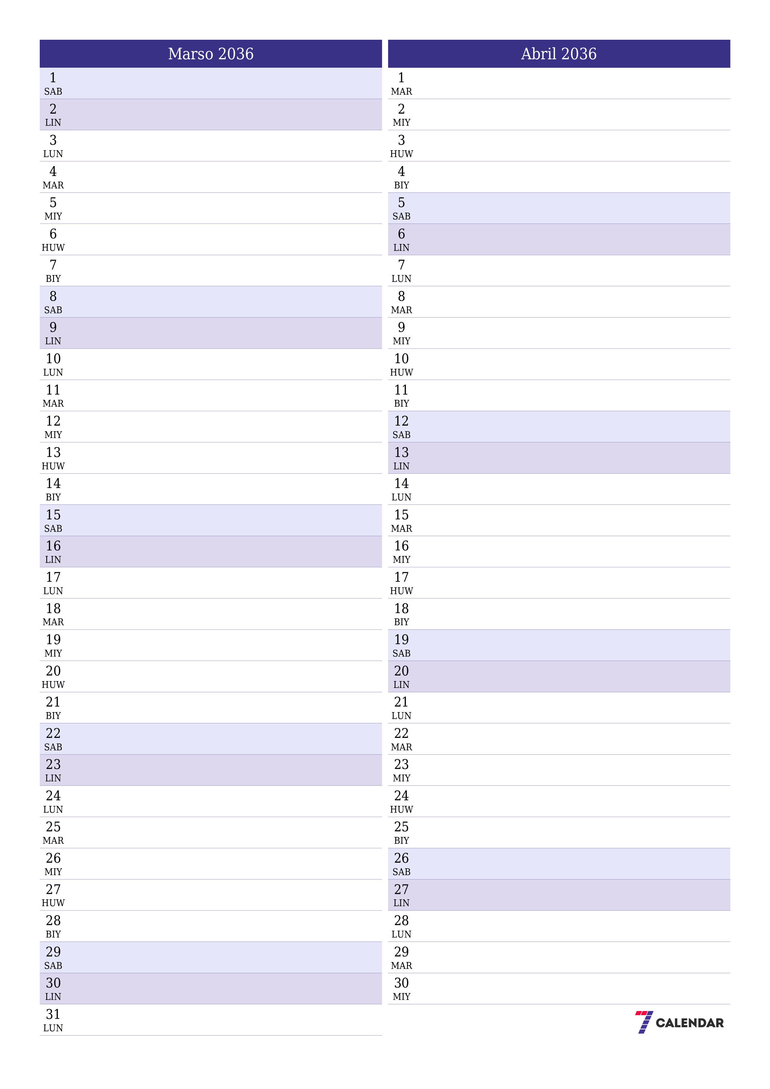 napi-print na sa dingding template ng libreng patayo Buwanang tagaplano kalendaryo Marso (Mar) 2036