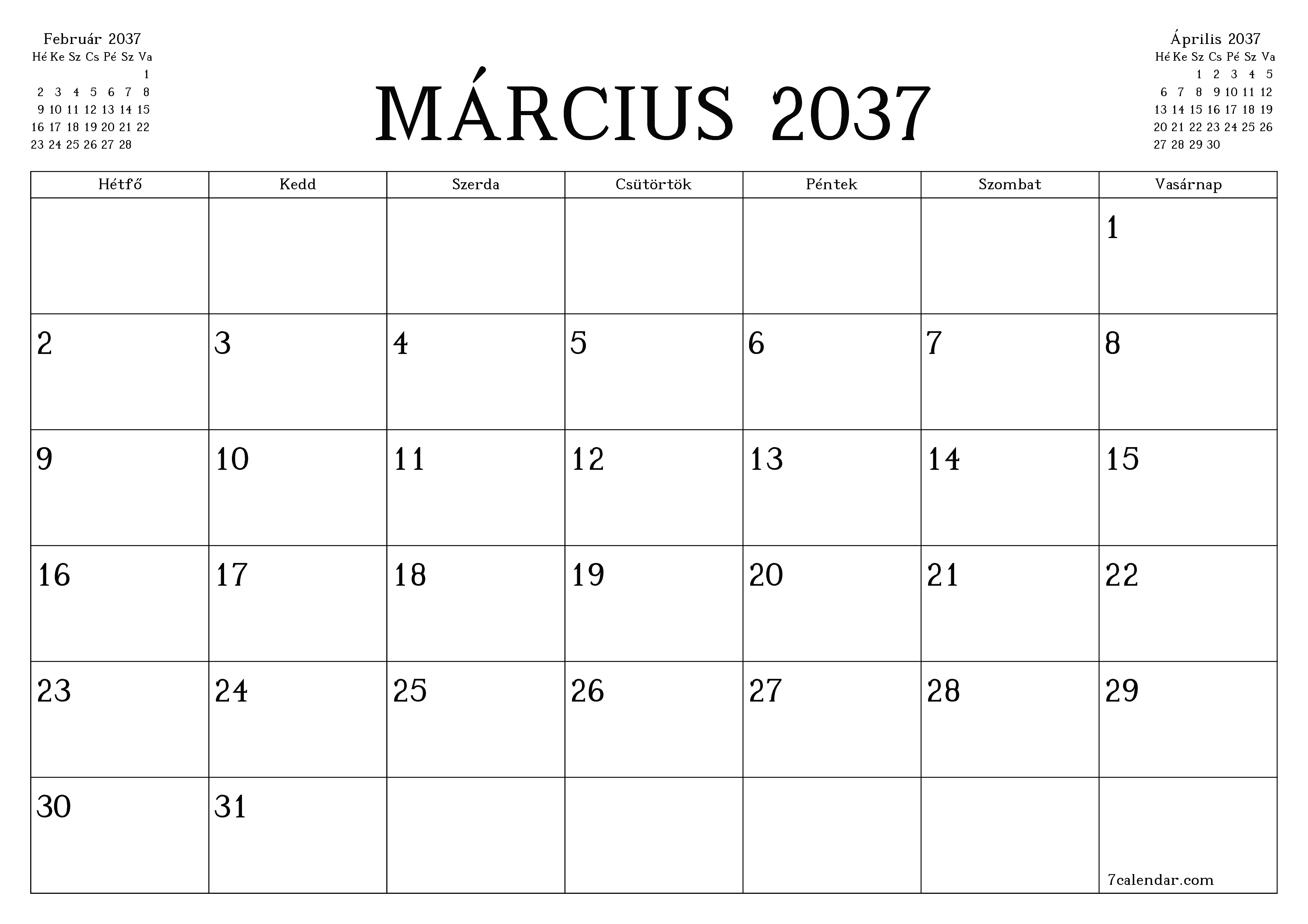 Üres havi tervező a Március 2037 hónapra jegyzetekkel, mentés és nyomtatás PDF-be PNG Hungarian