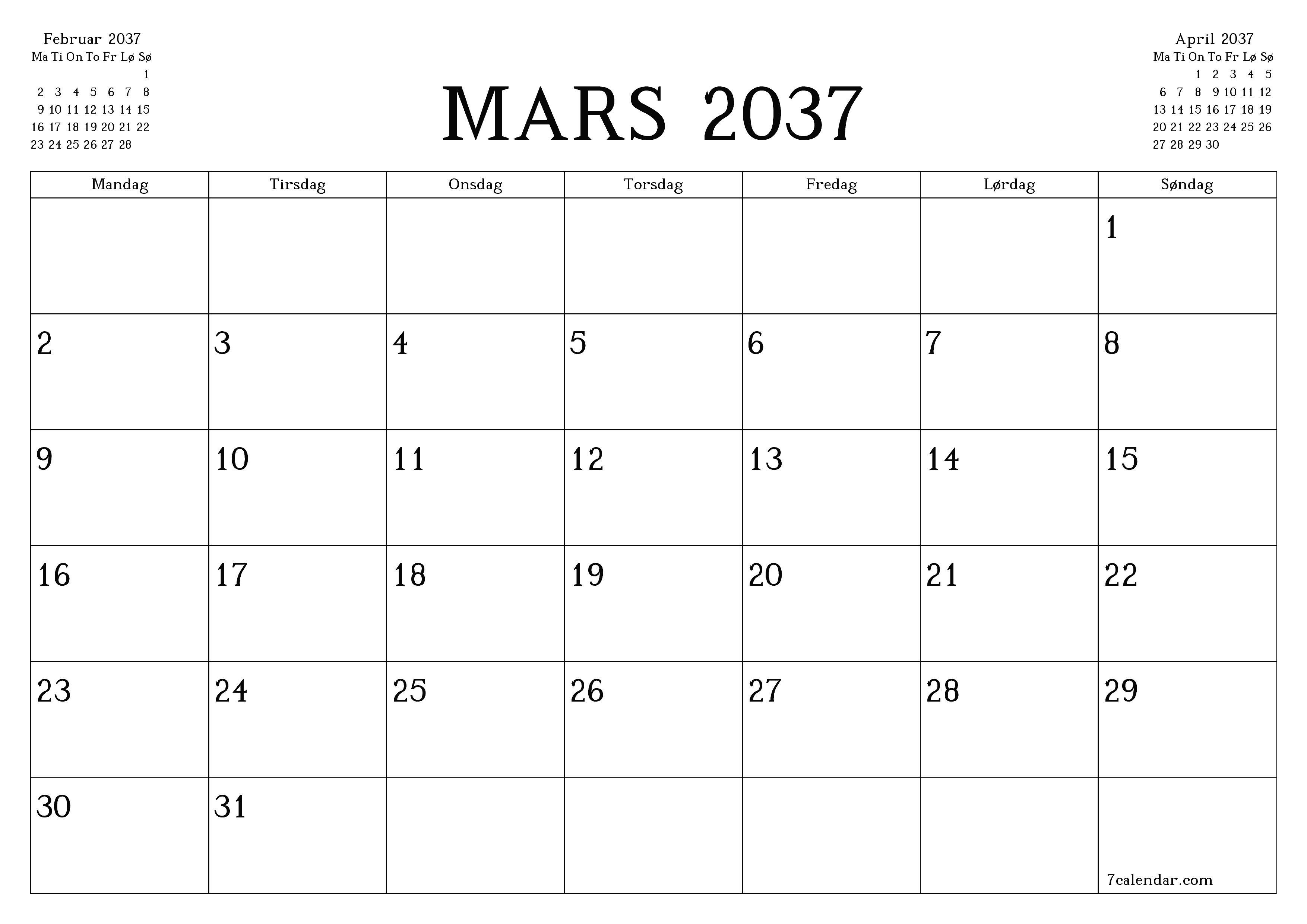 Tom månedlig planlegger for måned Mars 2037 med notater, lagre og skriv ut til PDF PNG Norwegian