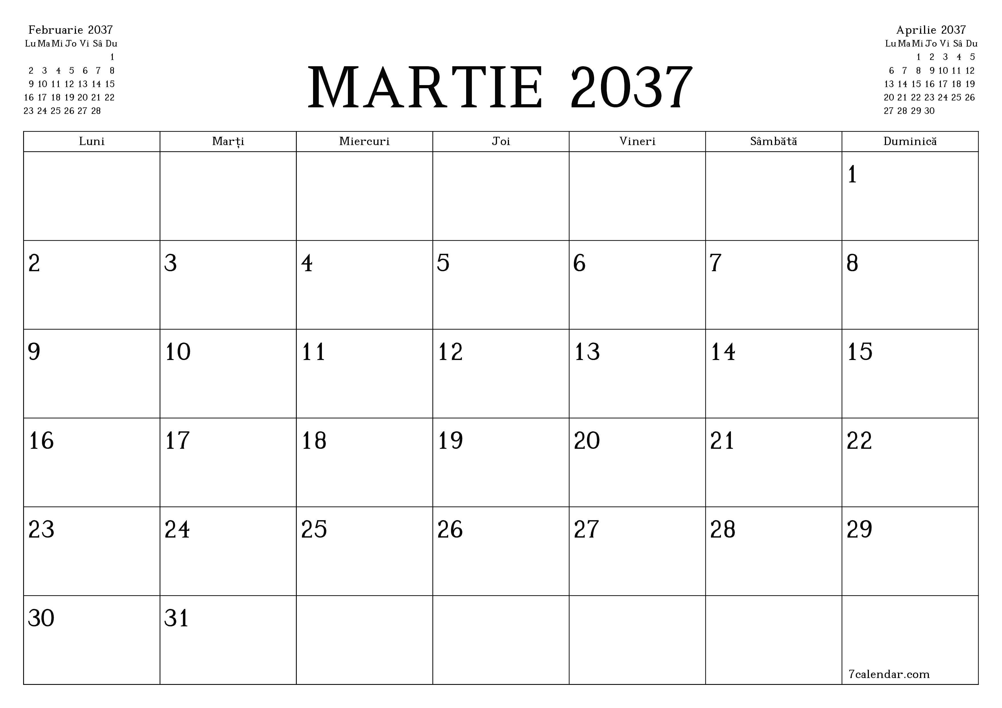 Planificator lunar gol pentru luna Martie 2037 cu note, salvați și tipăriți în PDF PNG Romanian