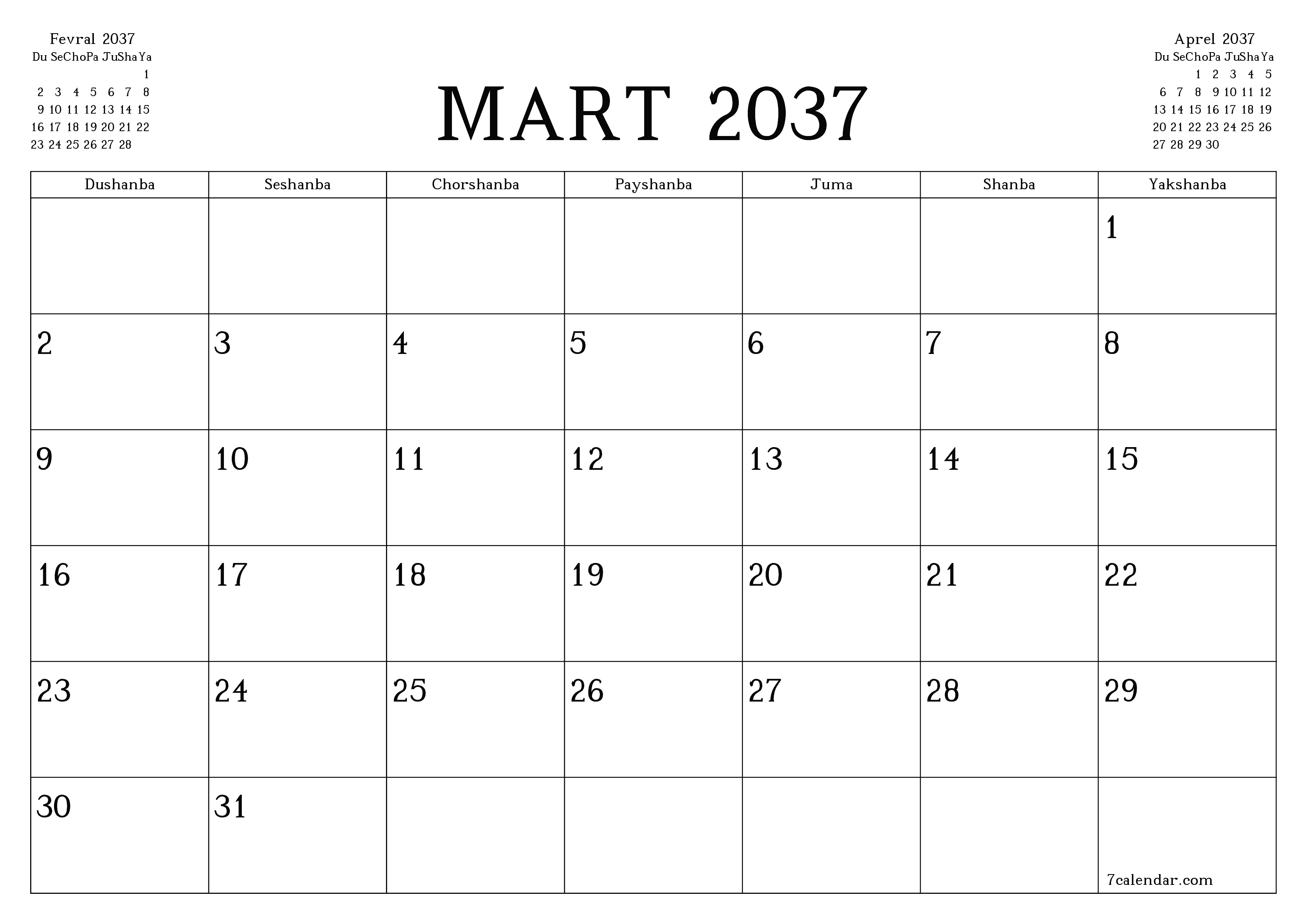 Mart 2037 oylik oylik rejalashtiruvchini yozuvlar bilan bo'shatish, saqlash va PDF-ga chop etish PNG Uzbek