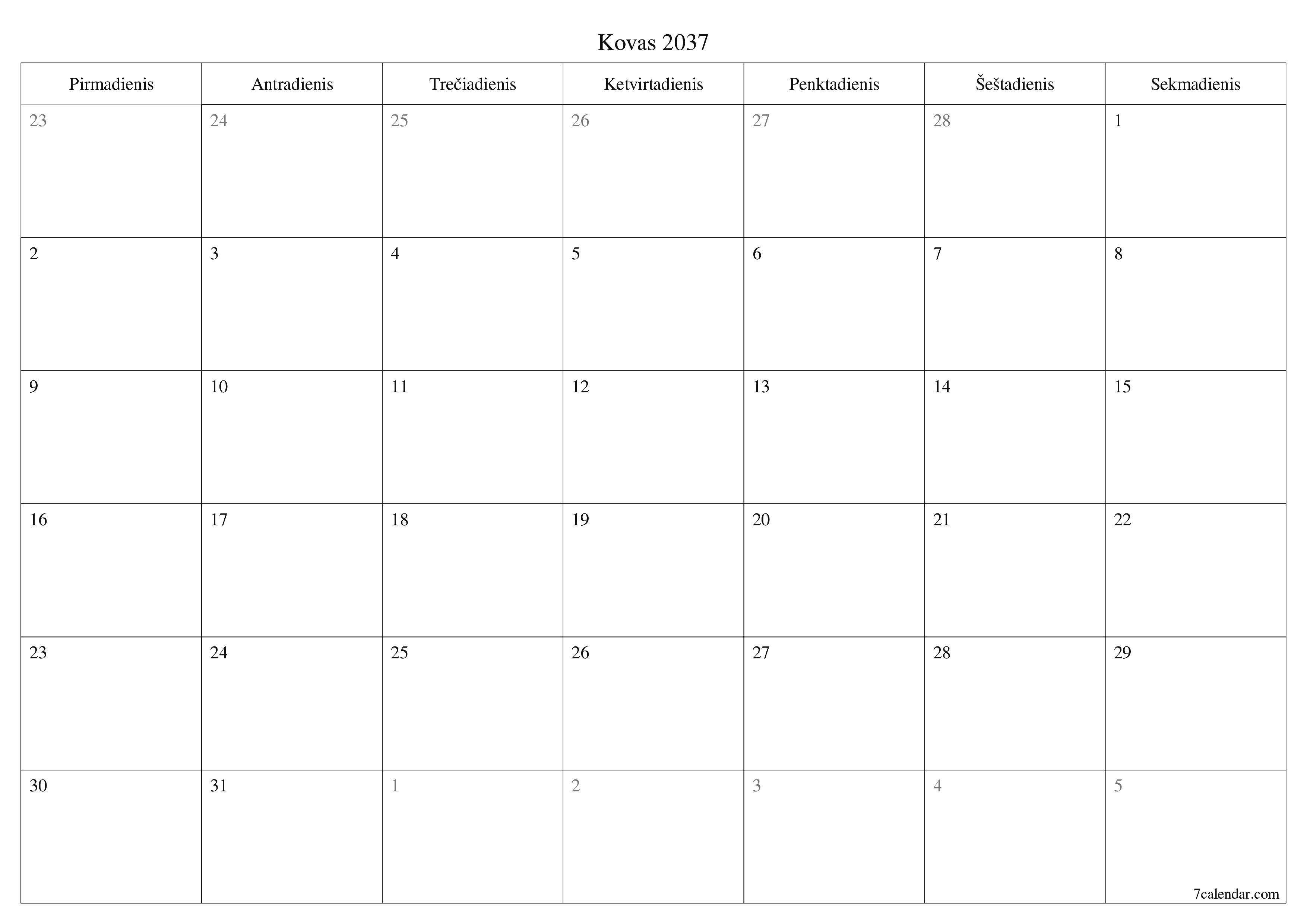 Ištuštinti mėnesio Kovas 2037 mėnesio planavimo priemonę su užrašais, išsaugoti ir atsispausdinti PDF formate PNG Lithuanian
