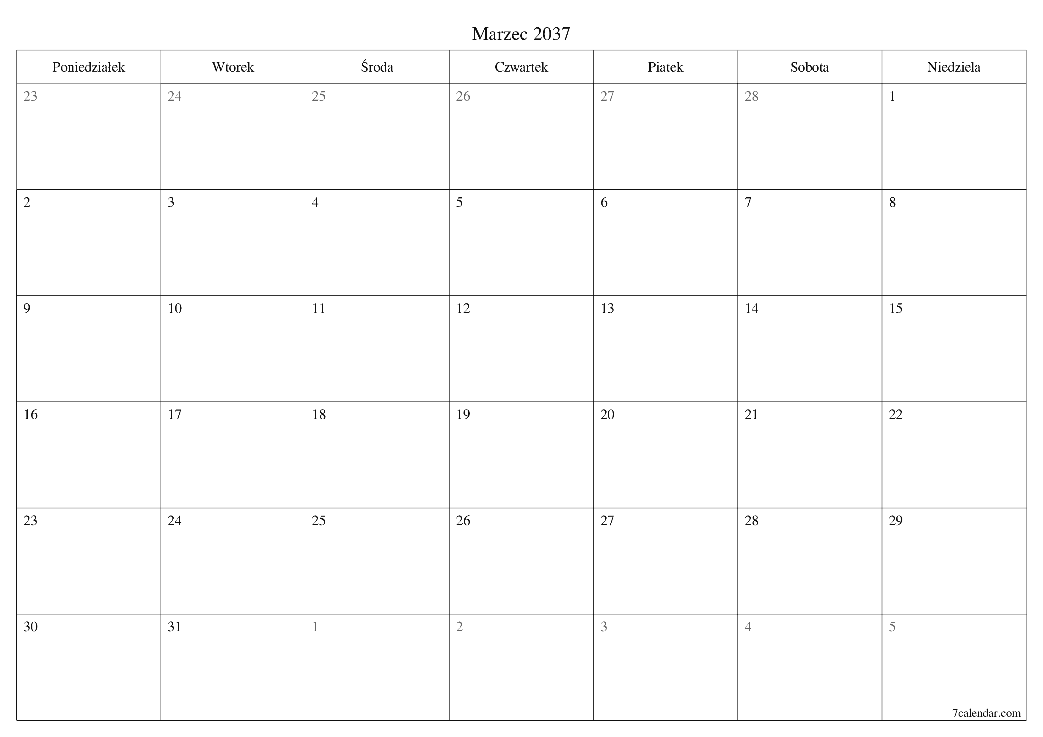 Opróżnij miesięczny planer na miesiąc Marzec 2037 z notatkami, zapisz i wydrukuj w formacie PDF PNG Polish